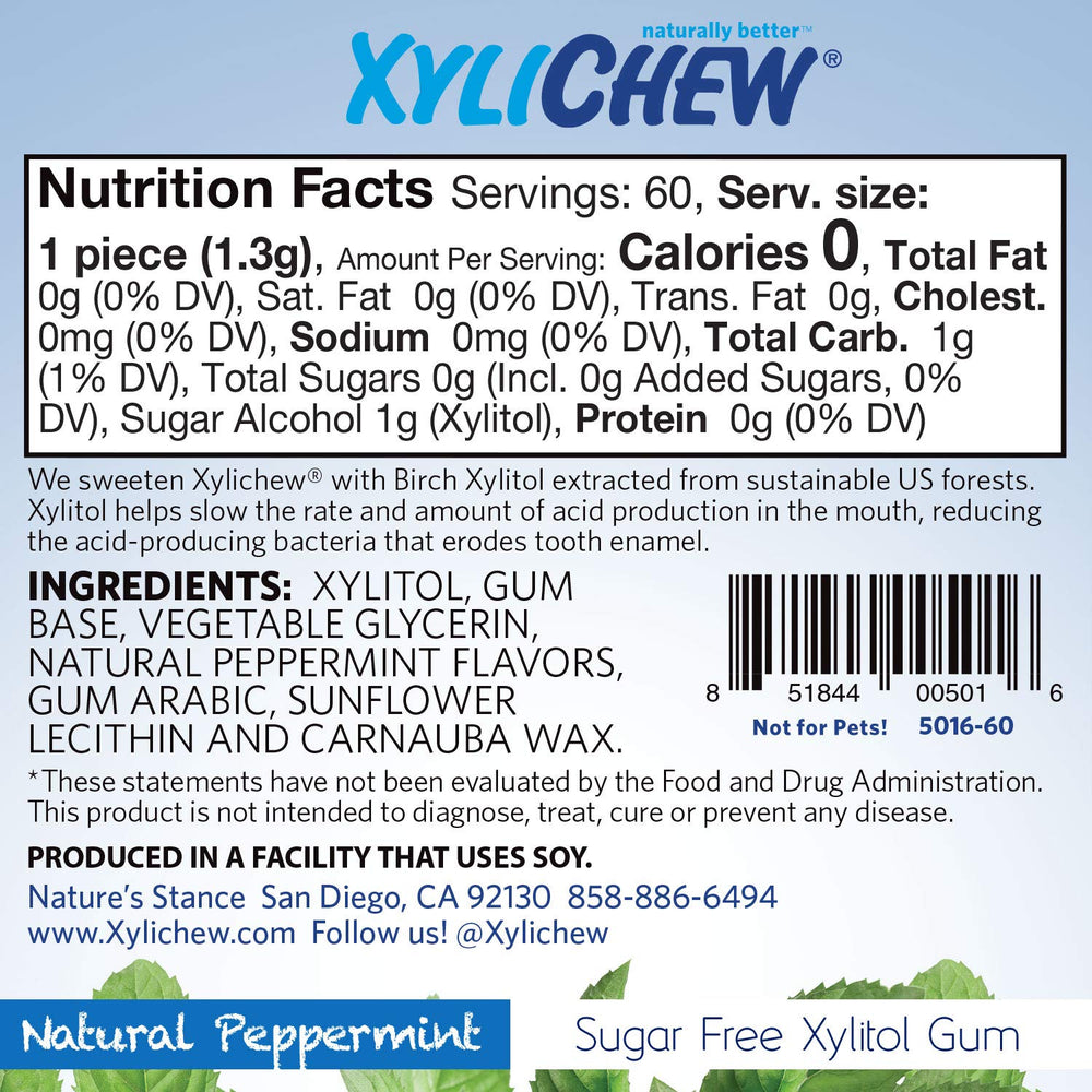 Close-up of Xylichew ingredients label highlighting xylitol and clean formula