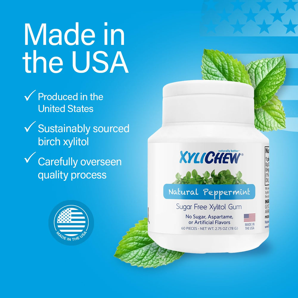 Person chewing Xylichew peppermint gum for on-the-go saliva stimulation