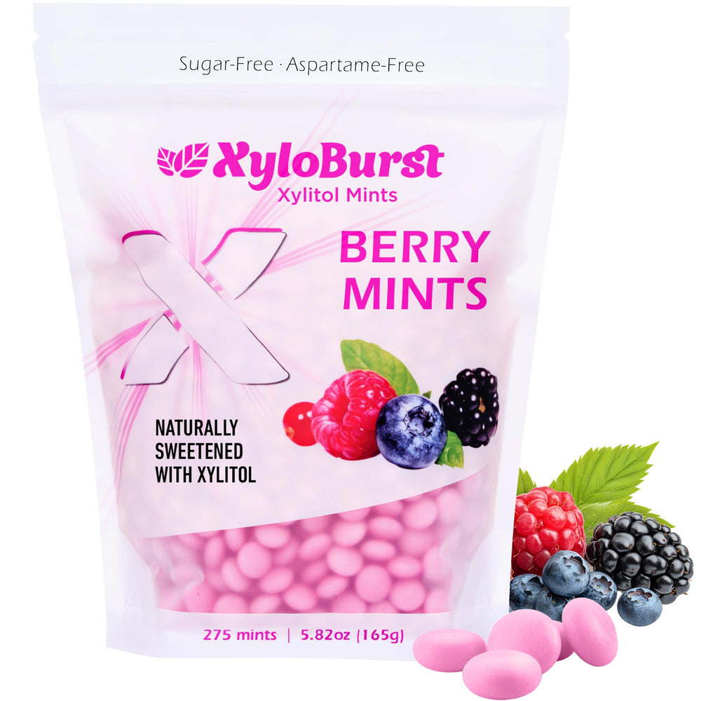 Xyloburst front packaging showing berry mints and resealable bag for freshness