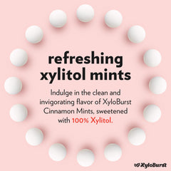 Xyloburst open bag with scattered mints, brand showing natural cinnamon flavor