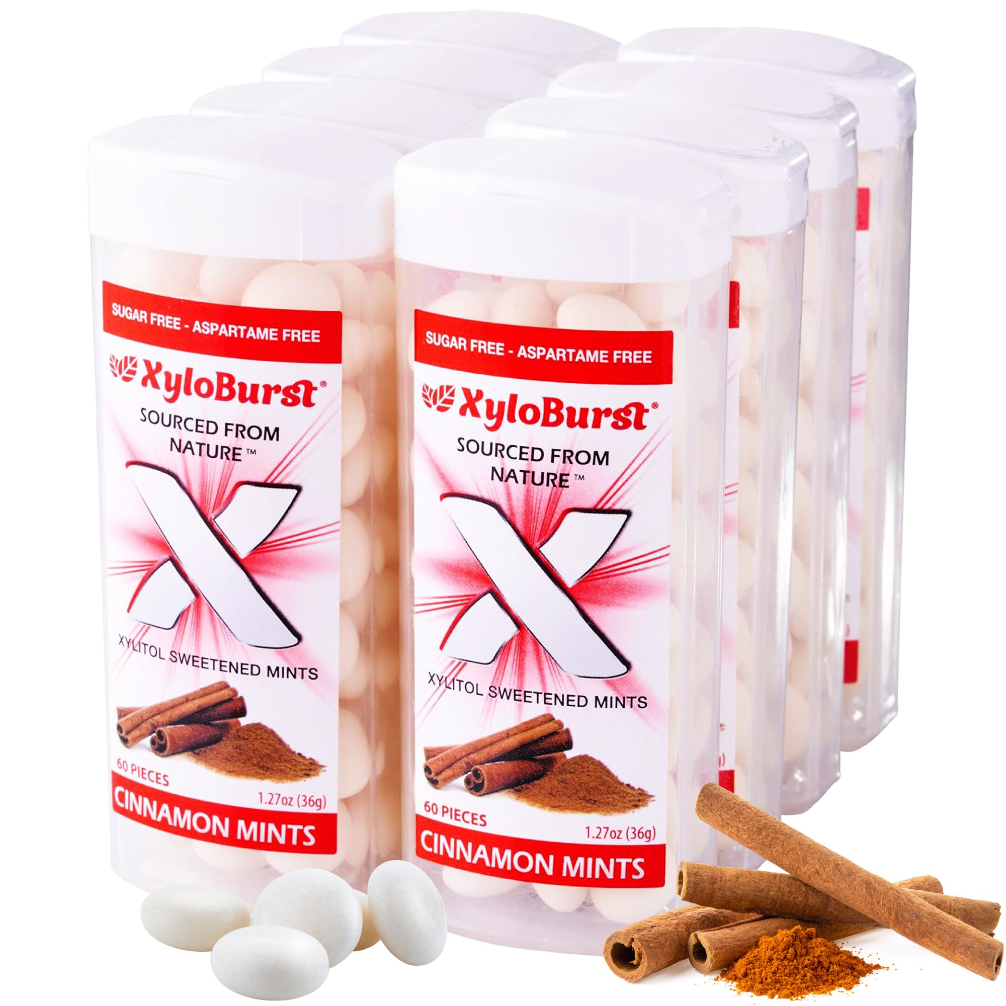 Xyloburst cinnamon jar front view showing label and compact packaging, supports easy freshness