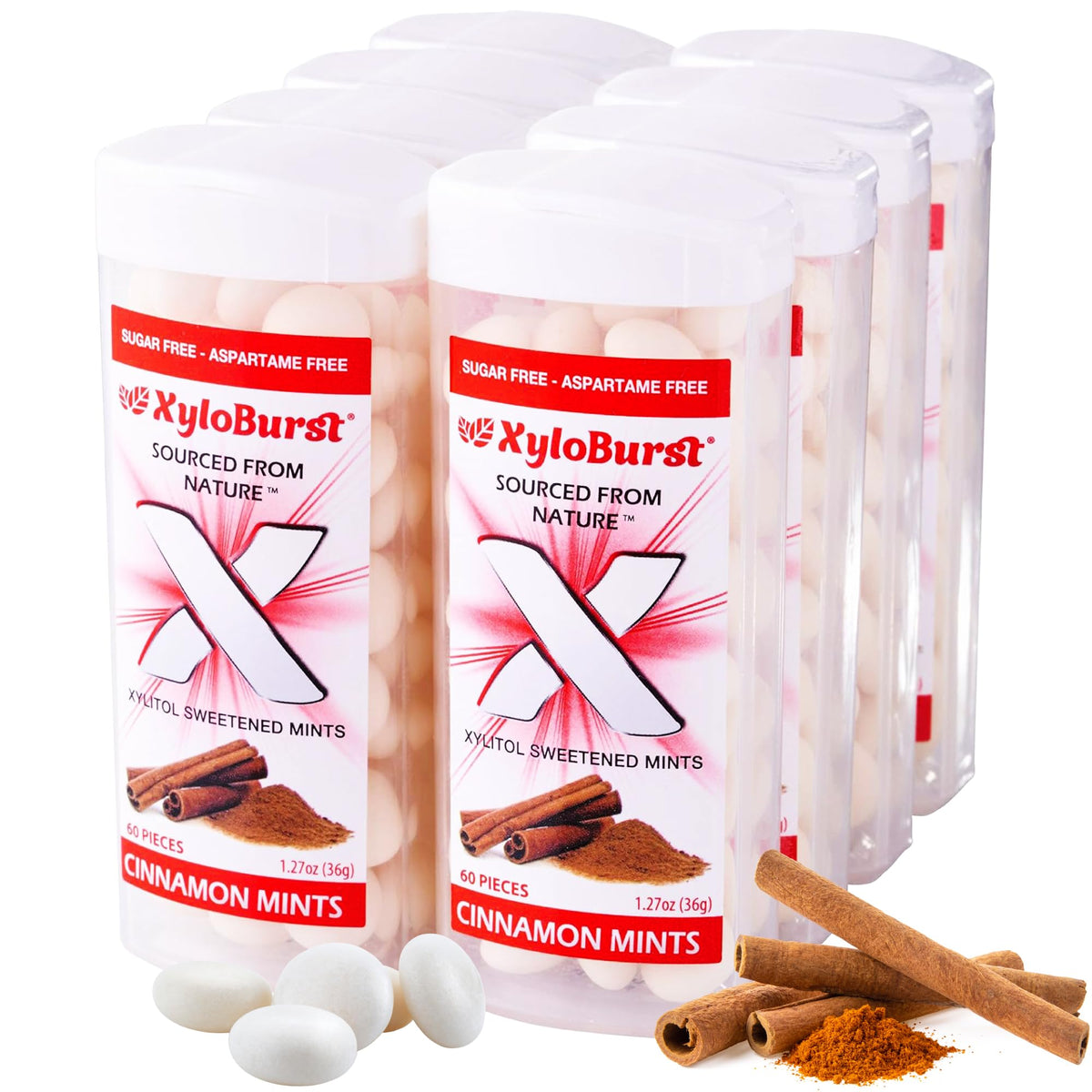 Xyloburst cinnamon jar front view showing label and compact packaging, supports easy freshness
