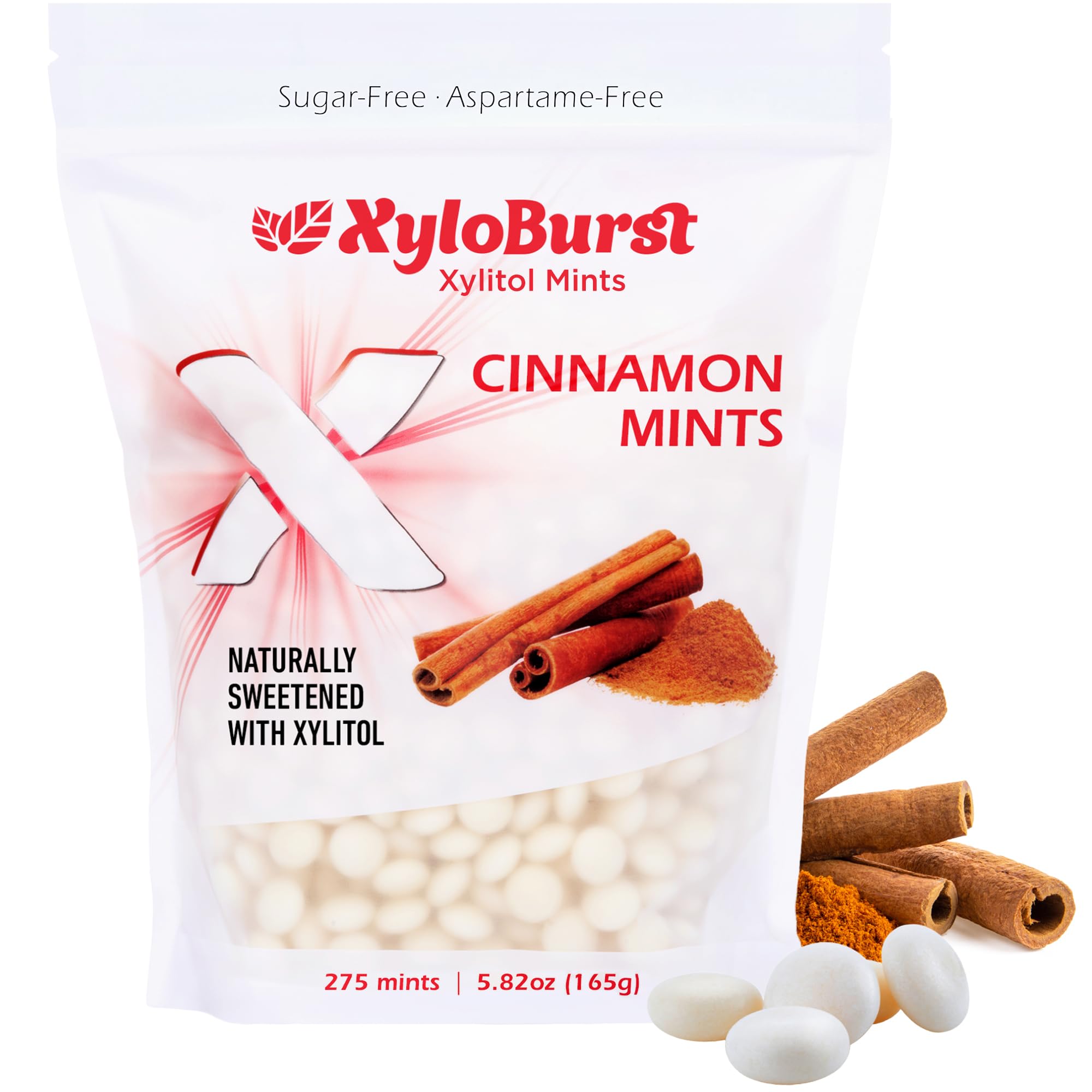 Xyloburst front of bag showing cinnamon flavor and 275 count, fresh breath on the go