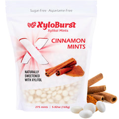 Xyloburst front of bag showing cinnamon flavor and 275 count, fresh breath on the go