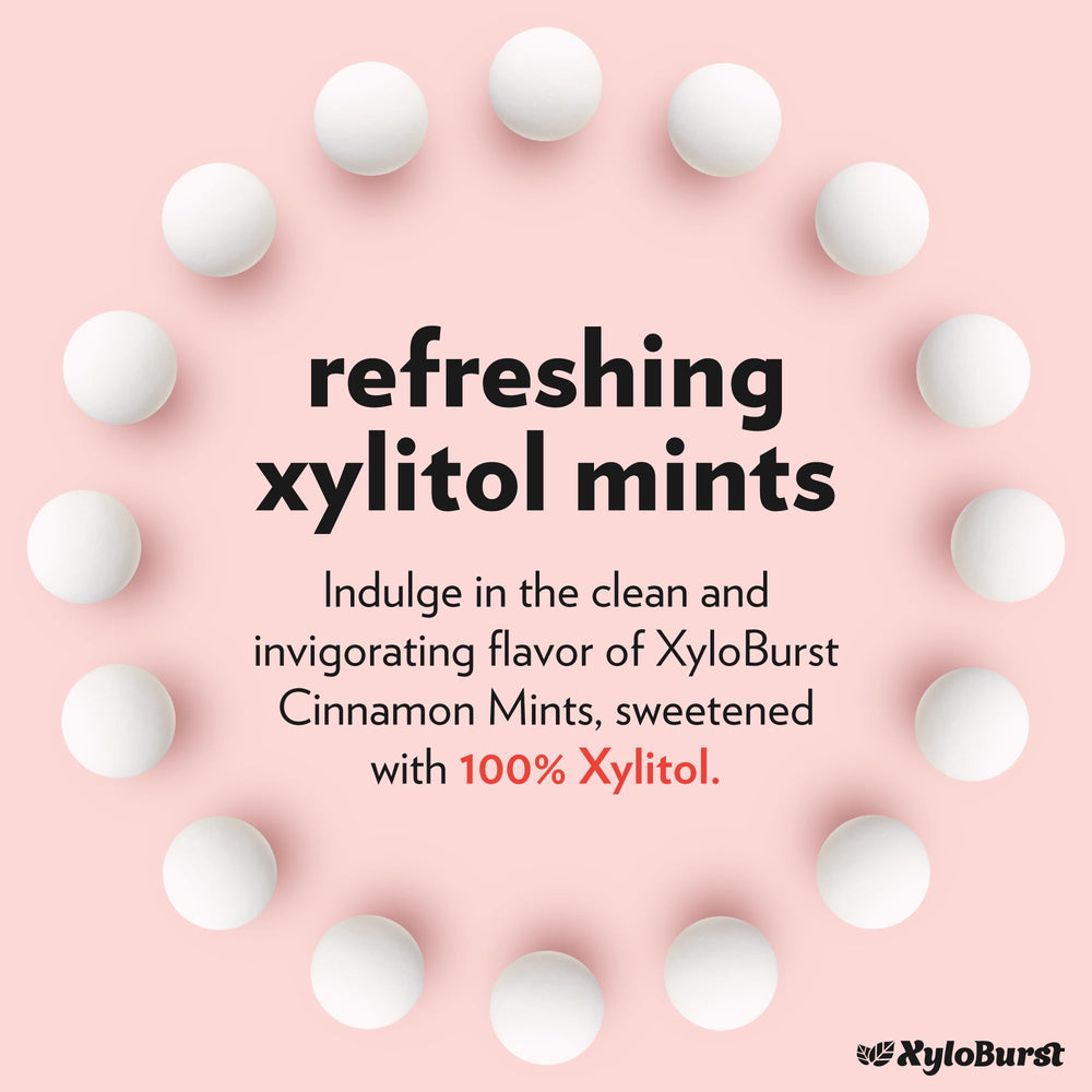 Xyloburst jar open with mints visible and spilling, brand shows convenient on-the-go supply