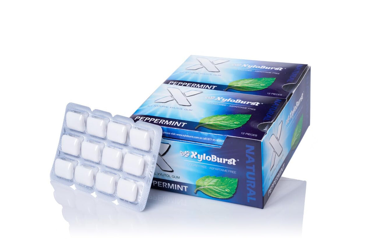 Xyloburst front packaging showing peppermint gum and convenient blister packs benefit fresh breath