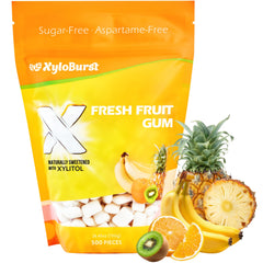 Xyloburst front packaging fruit flavor showing product branding and benefit of fresh breath