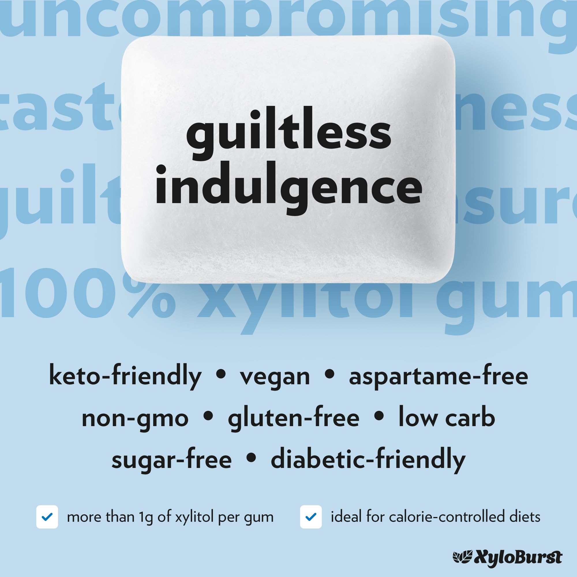 Detailed ingredient label on Xyloburst pack emphasizing 100% xylitol and aspartame-free benefit