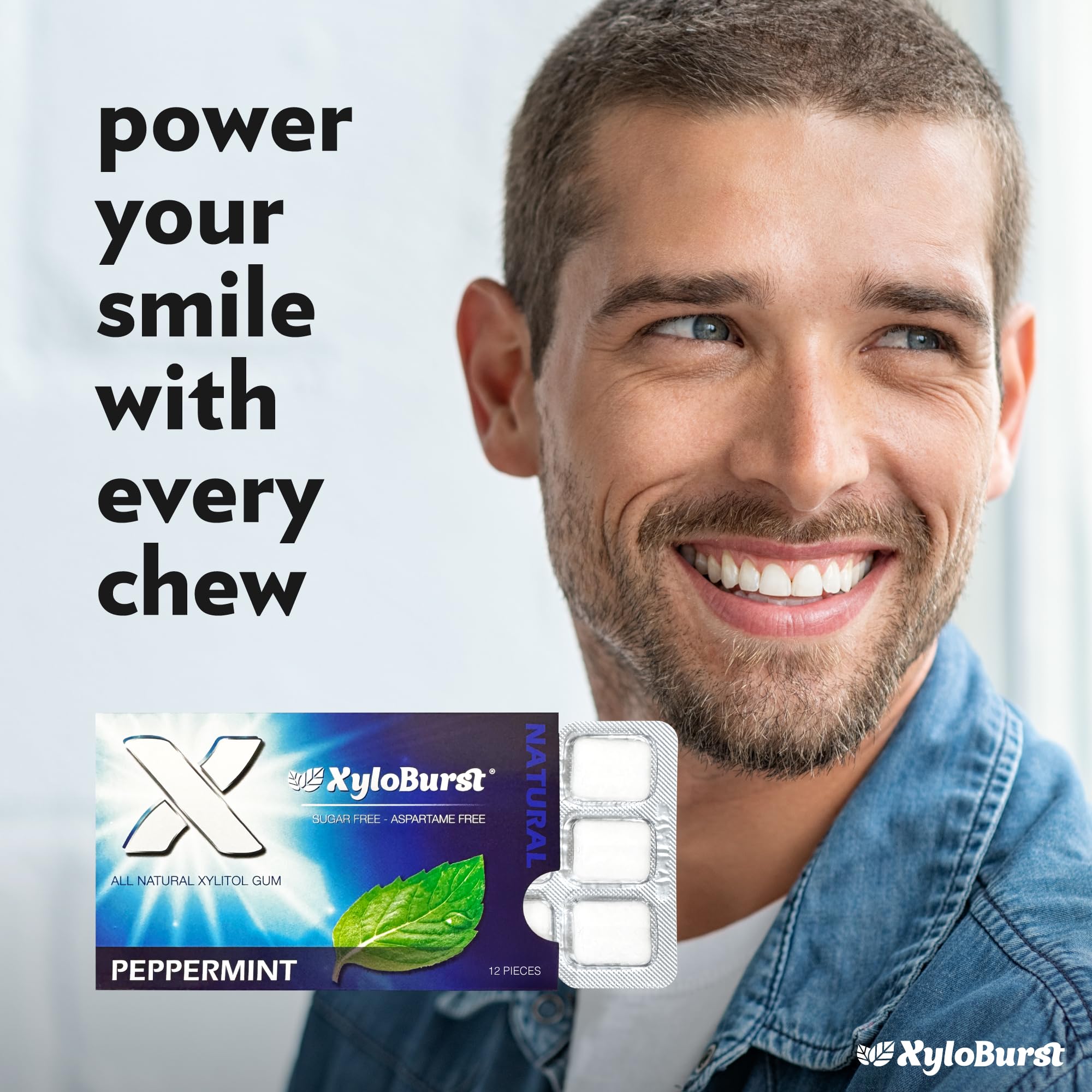Xyloburst blister pack on an office desk showing midday freshness and professional use