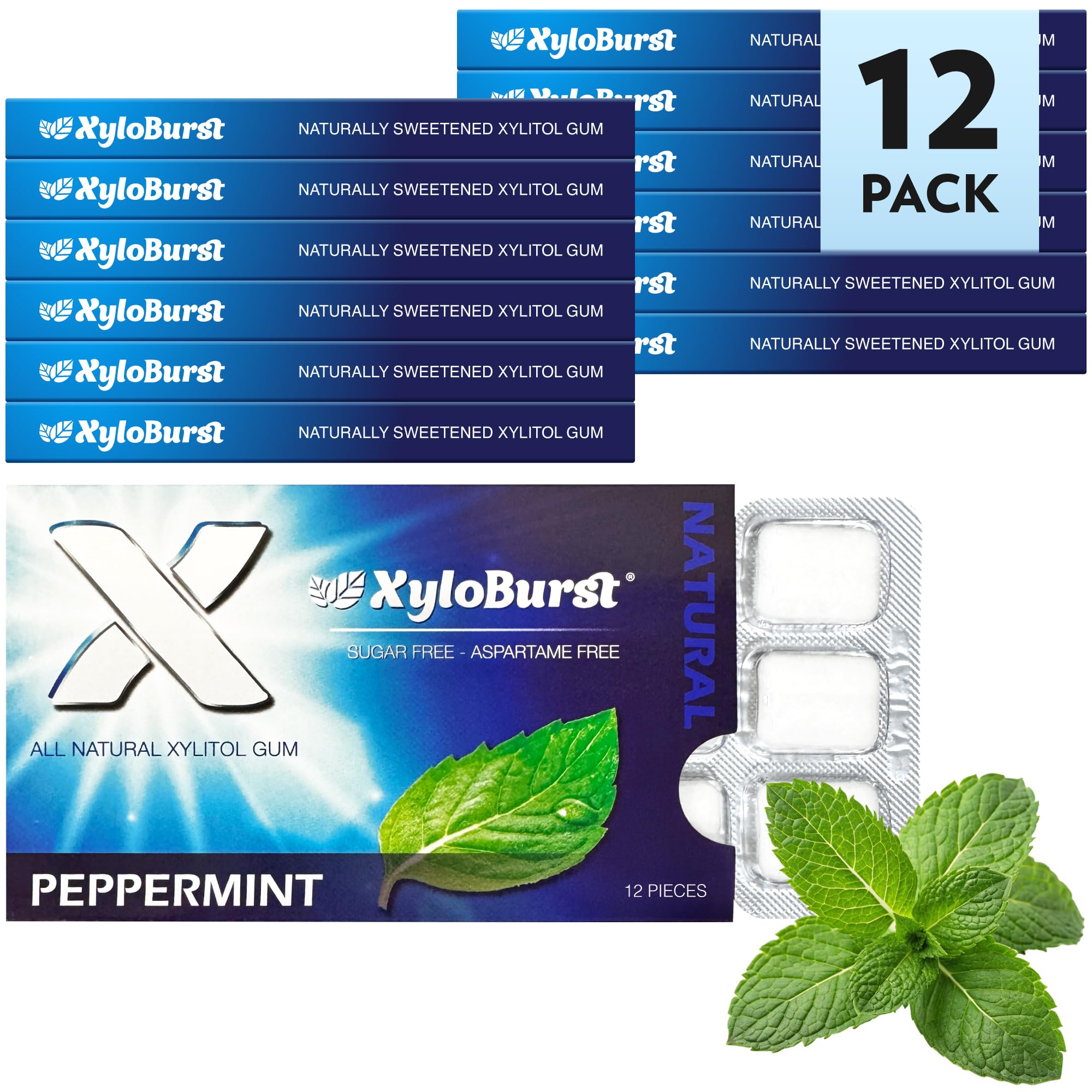 Xyloburst open blister pack displaying twelve peppermint gum pieces for easy portion control