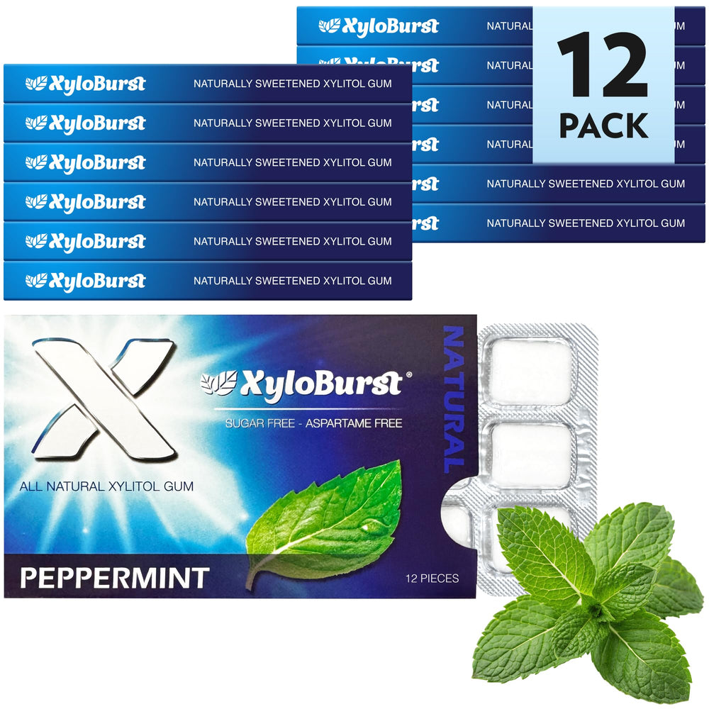 Xyloburst open blister pack displaying twelve peppermint gum pieces for easy portion control