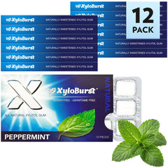 Xyloburst open blister pack displaying twelve peppermint gum pieces for easy portion control