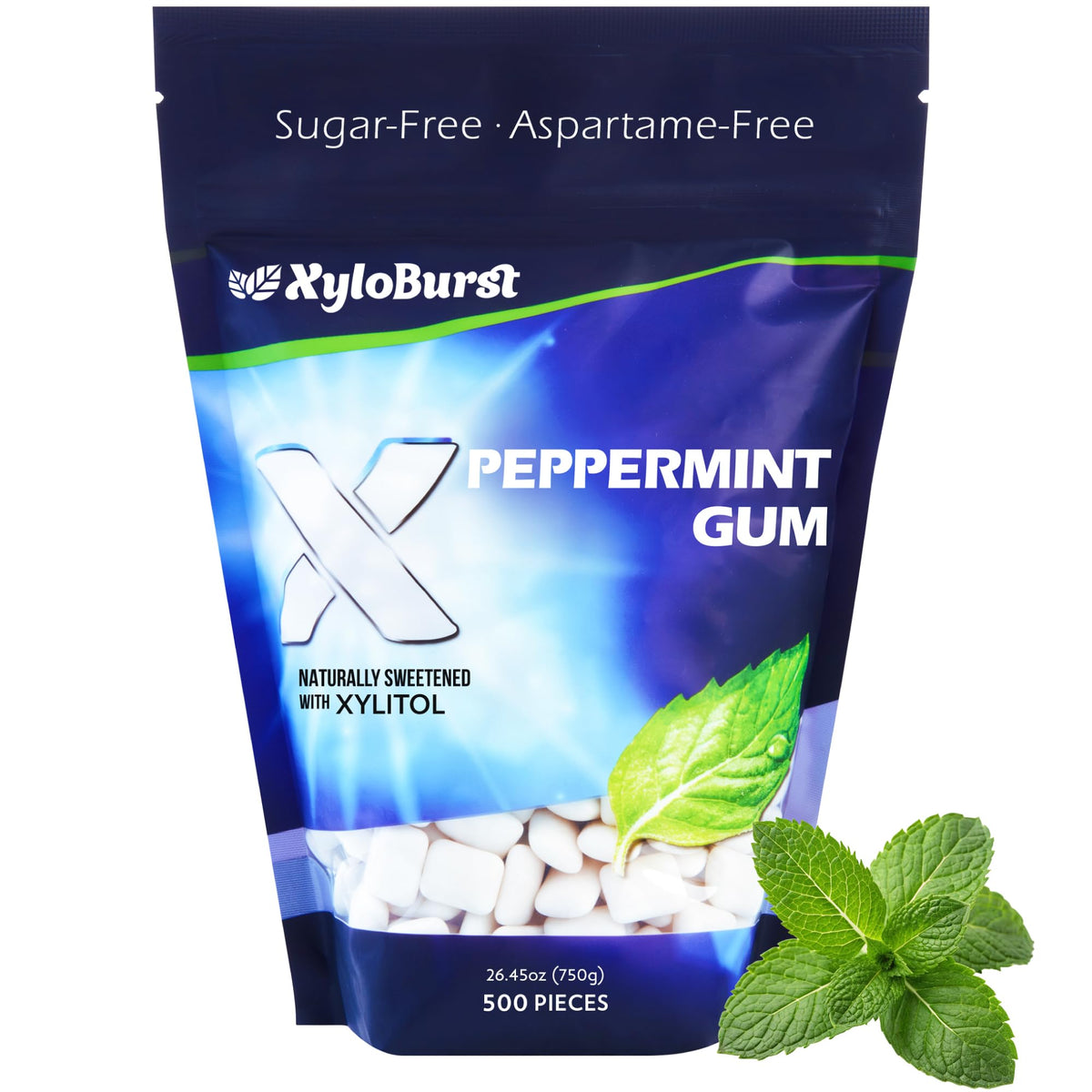 xyloburst peppermint front packaging showing 500-count bag and benefits