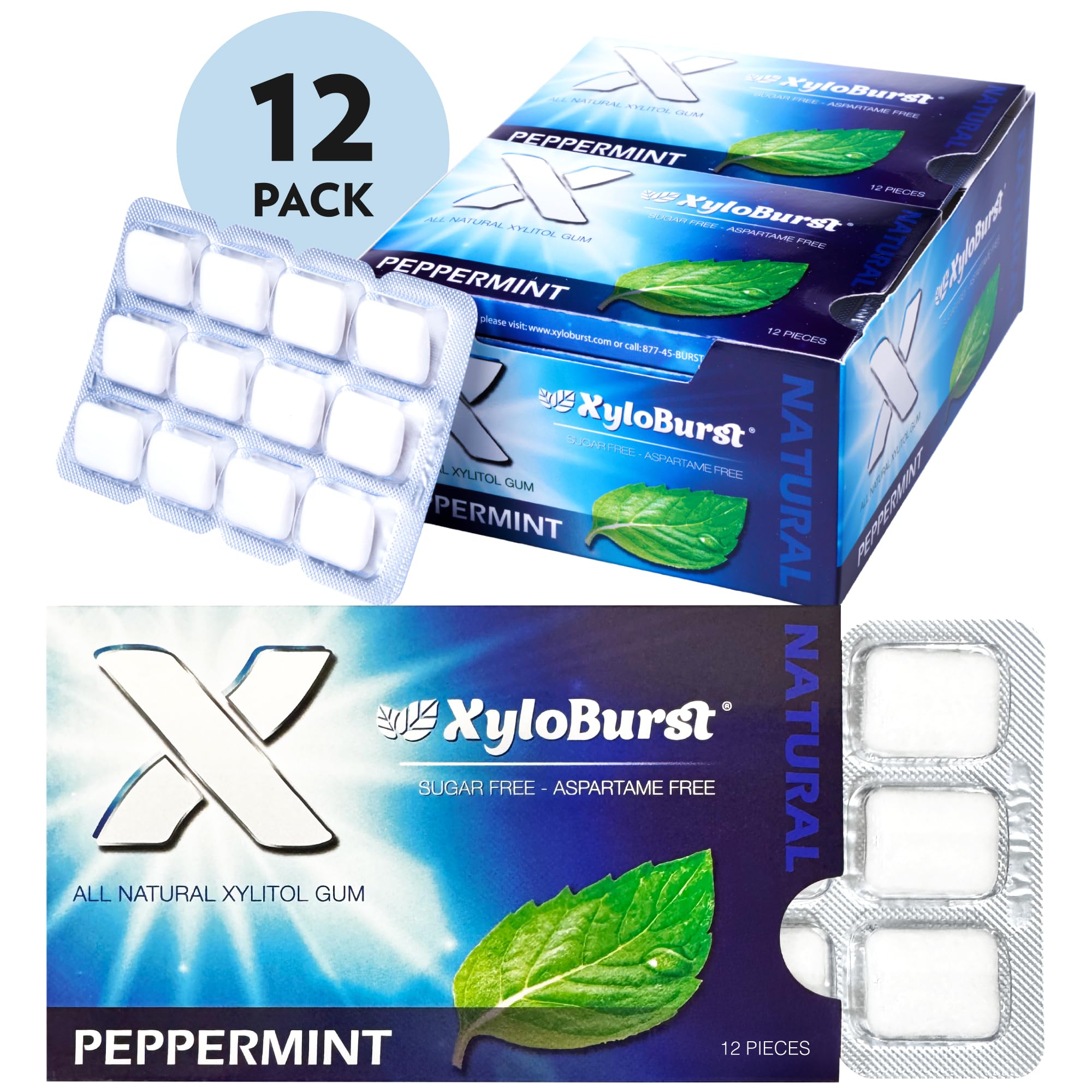 Close-up of a single Xyloburst peppermint gum piece showing smooth texture for consistent chew