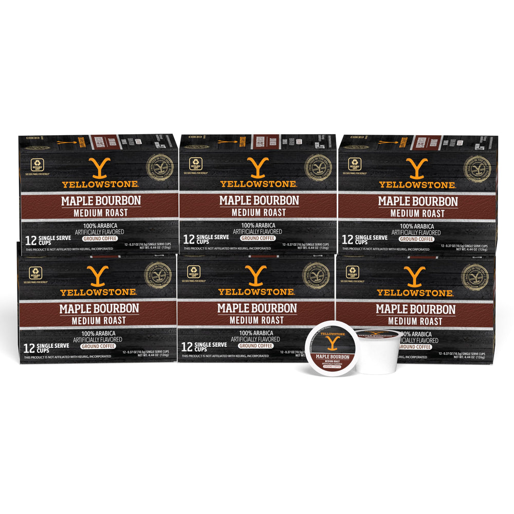 Y Yellowstone front packaging showing 72-count maple bourbon pods and convenience