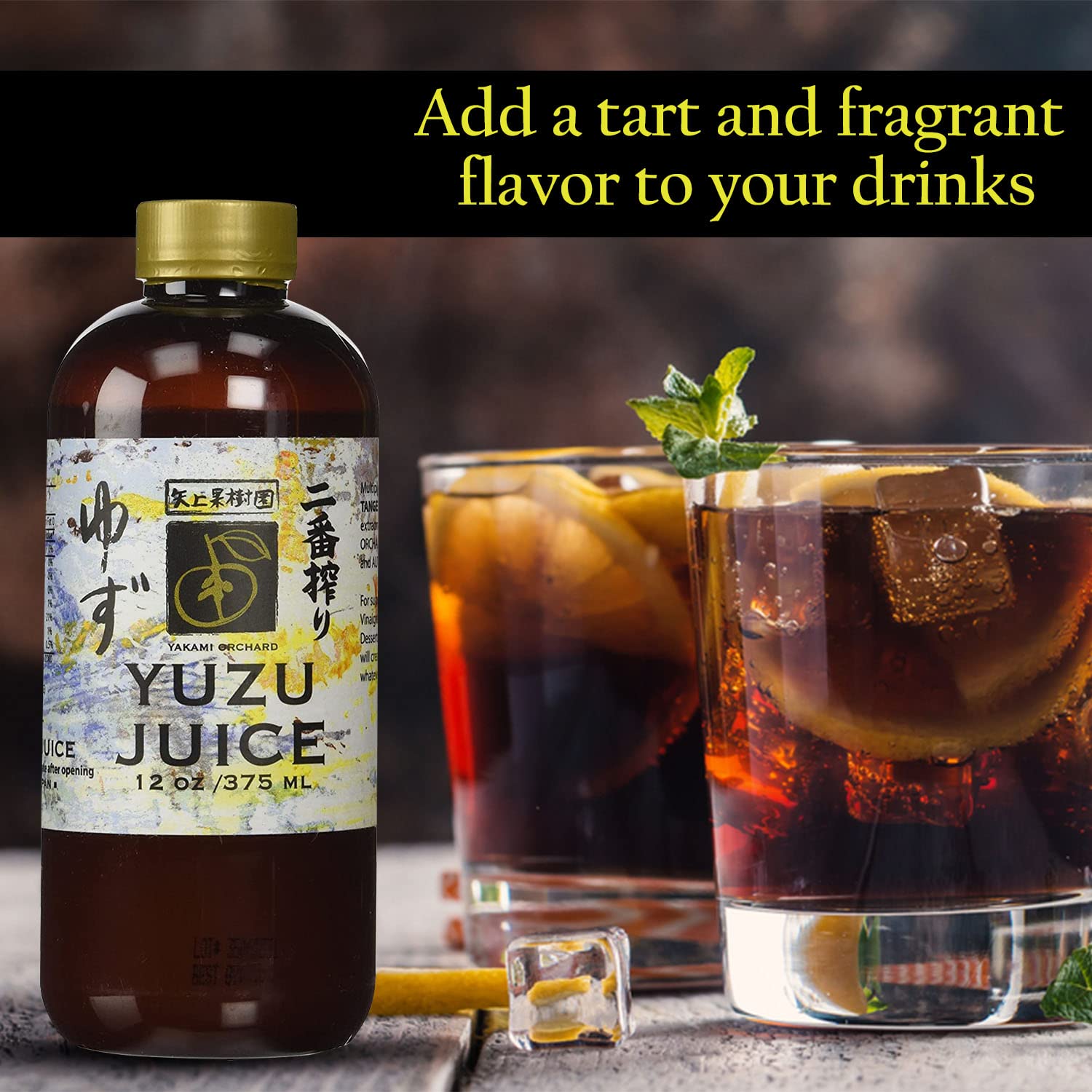 Yakami Orchard pouring yuzu juice into a glass to boost cocktail aroma
