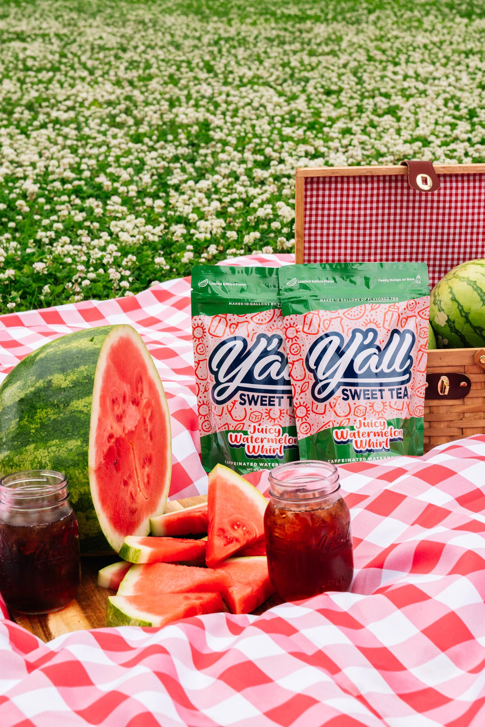Y'all Sweet Tea pitcher of iced watermelon tea ready to serve and refresh guests