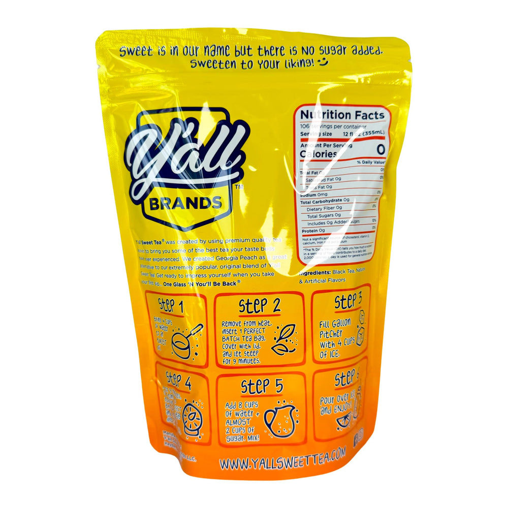 Y'all Sweet Tea label detail highlighting Georgia Peach flavor and product info