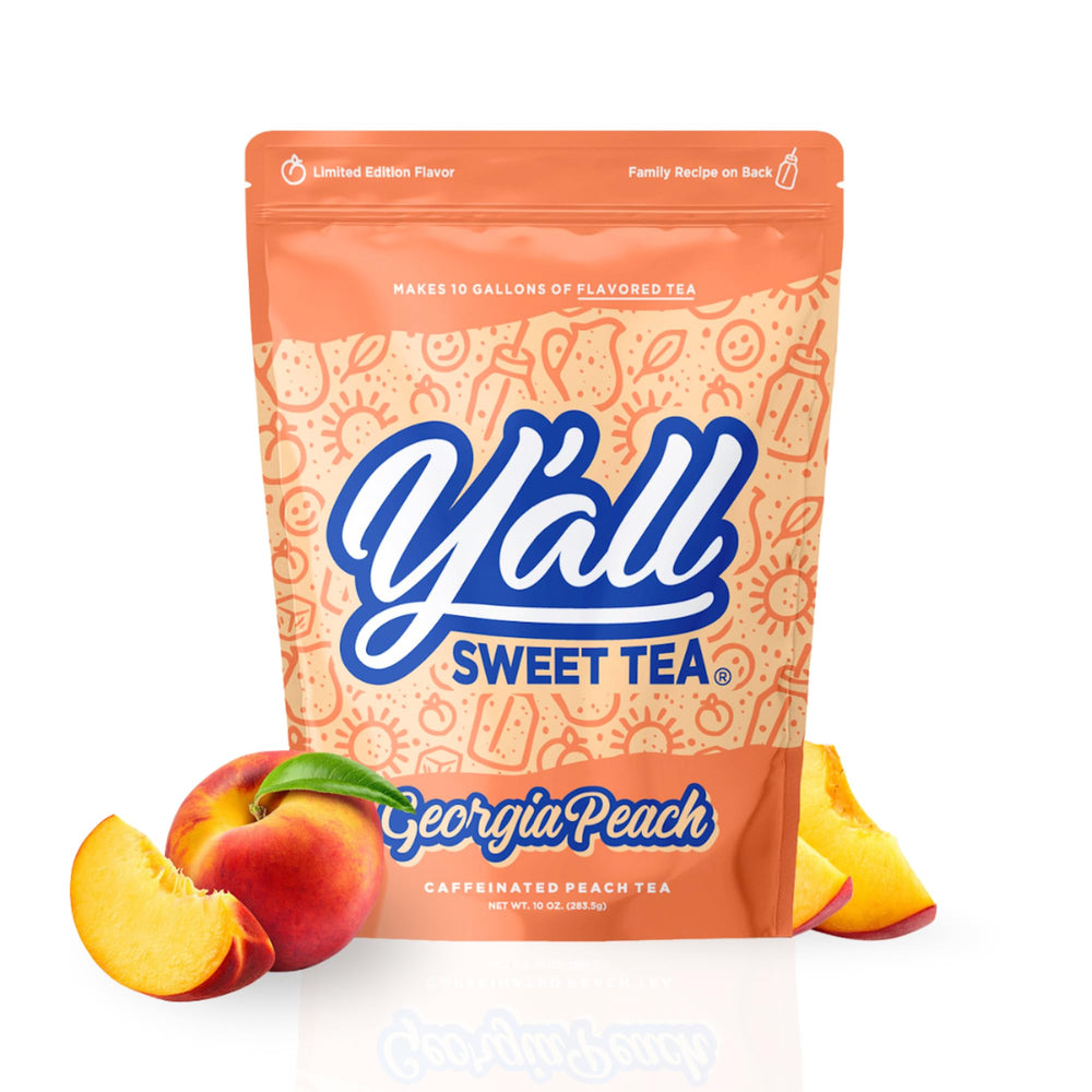 Y'all Sweet Tea front packaging showing peach blend and 10-bag pack benefit