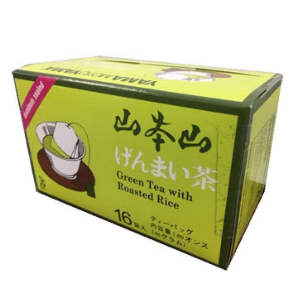 Yamamotoyama Genmaicha front packaging showing tea bags and roasted rice aroma