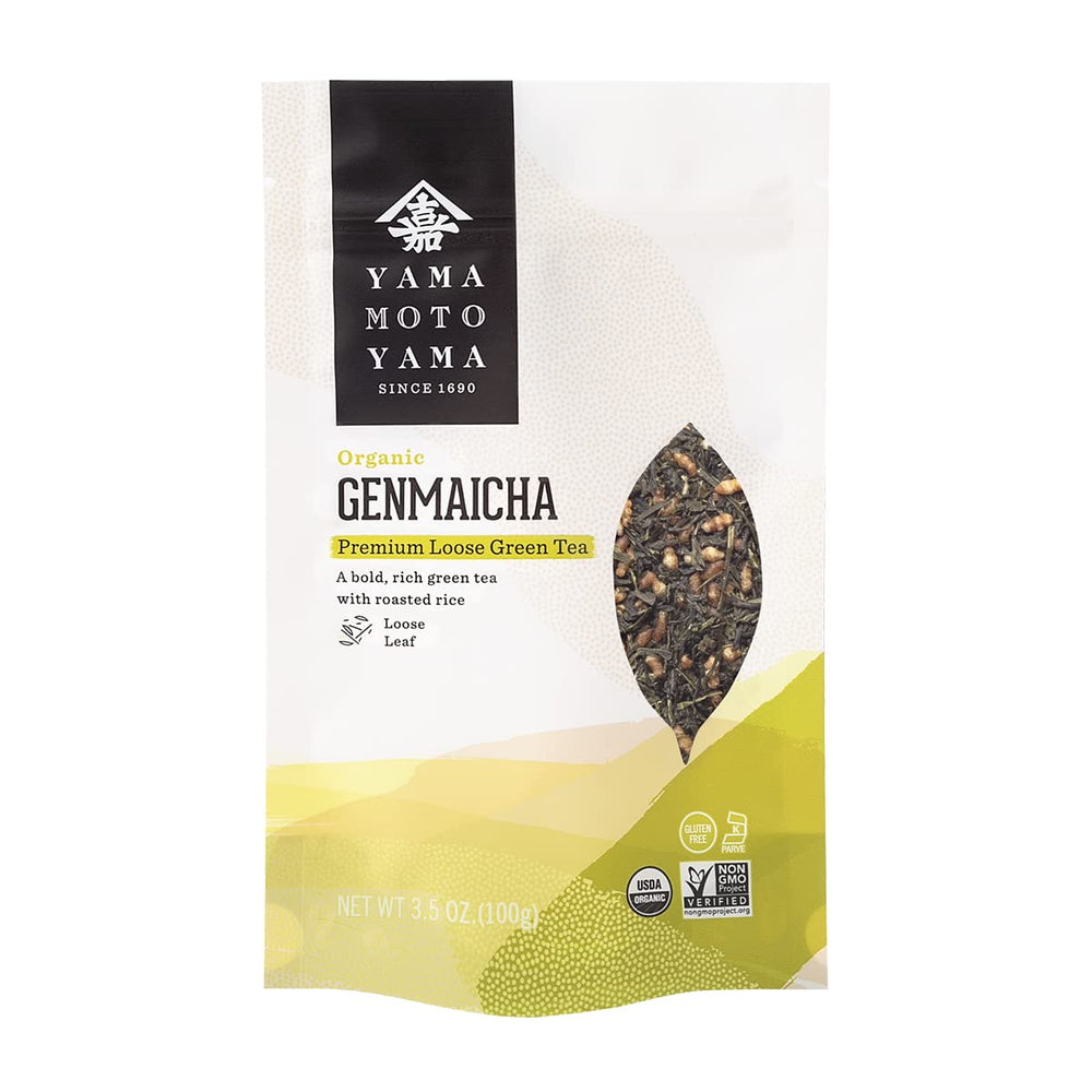 Yamamotoyama front packaging showing organic genmaicha and its toasty flavor