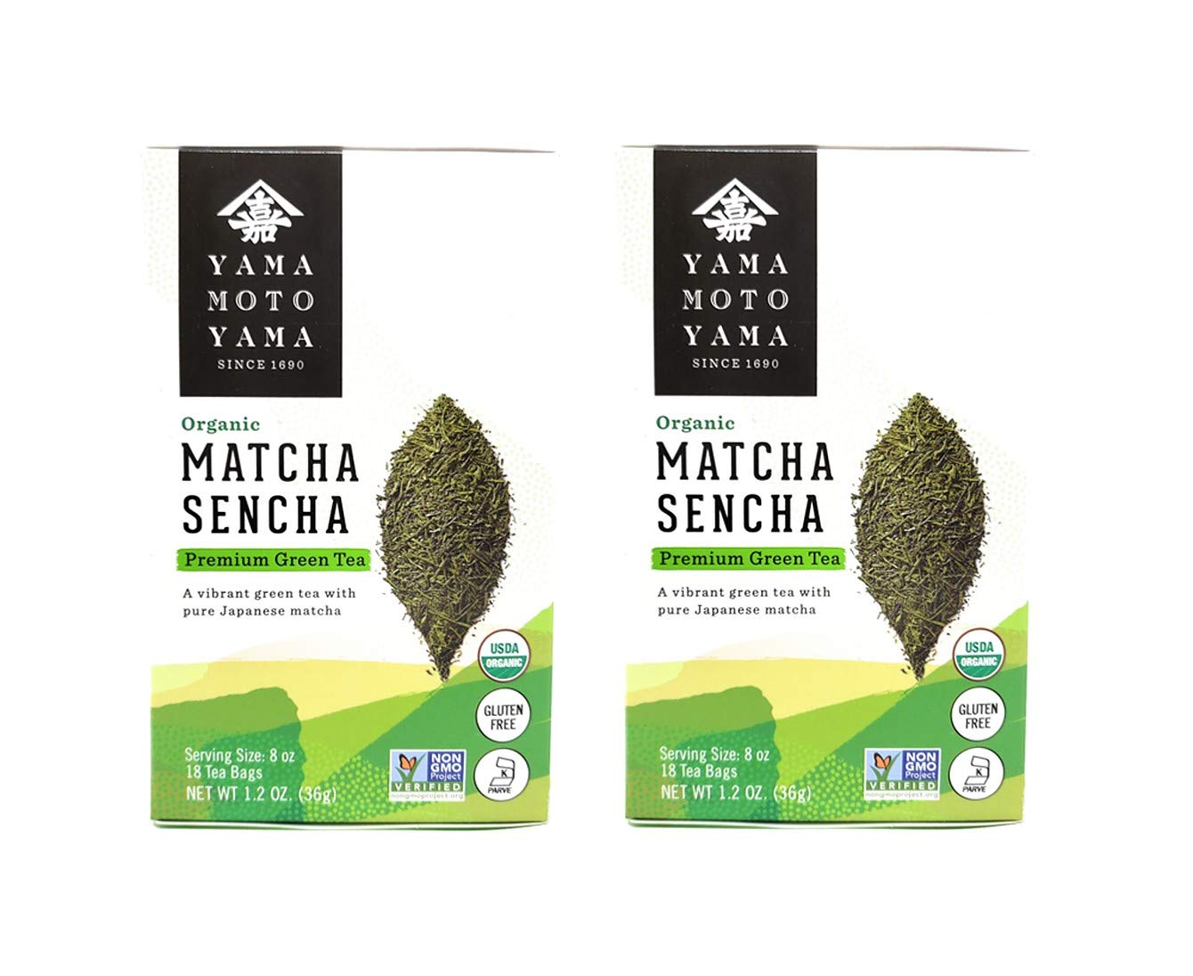 Yamamotoyama front packaging showing both matcha and sencha for easy selection and freshness