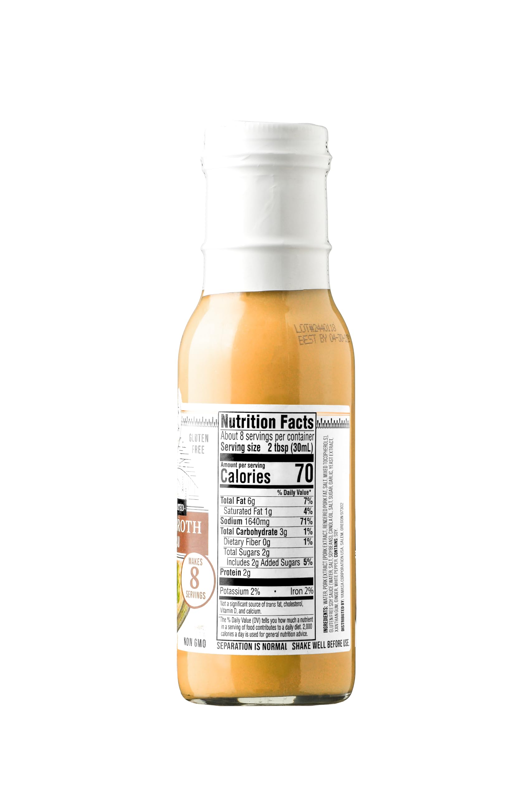 Yamasa 8 fl oz bottle beside a measuring spoon showing serving yield