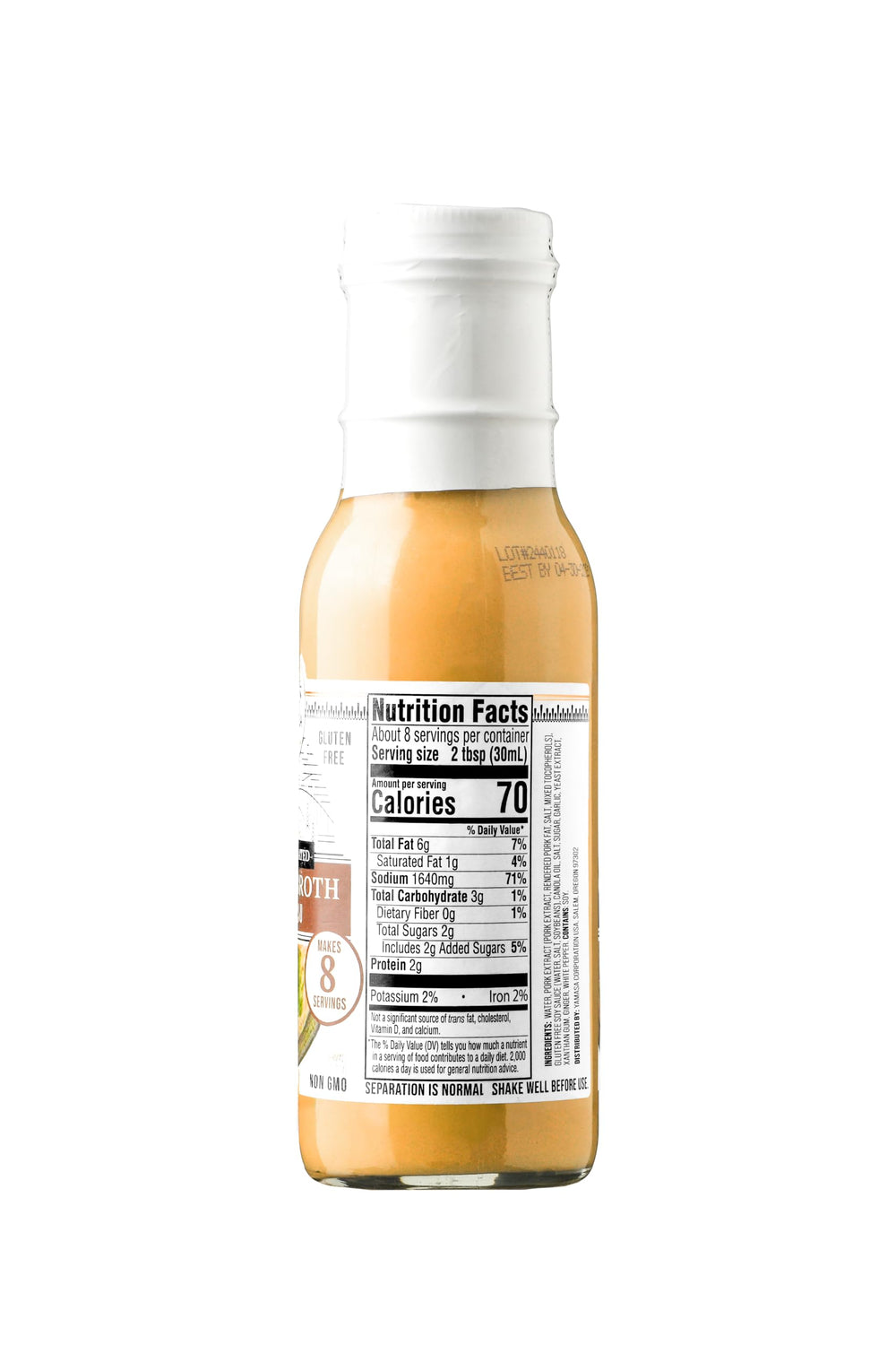 Yamasa 8 fl oz bottle beside a measuring spoon showing serving yield