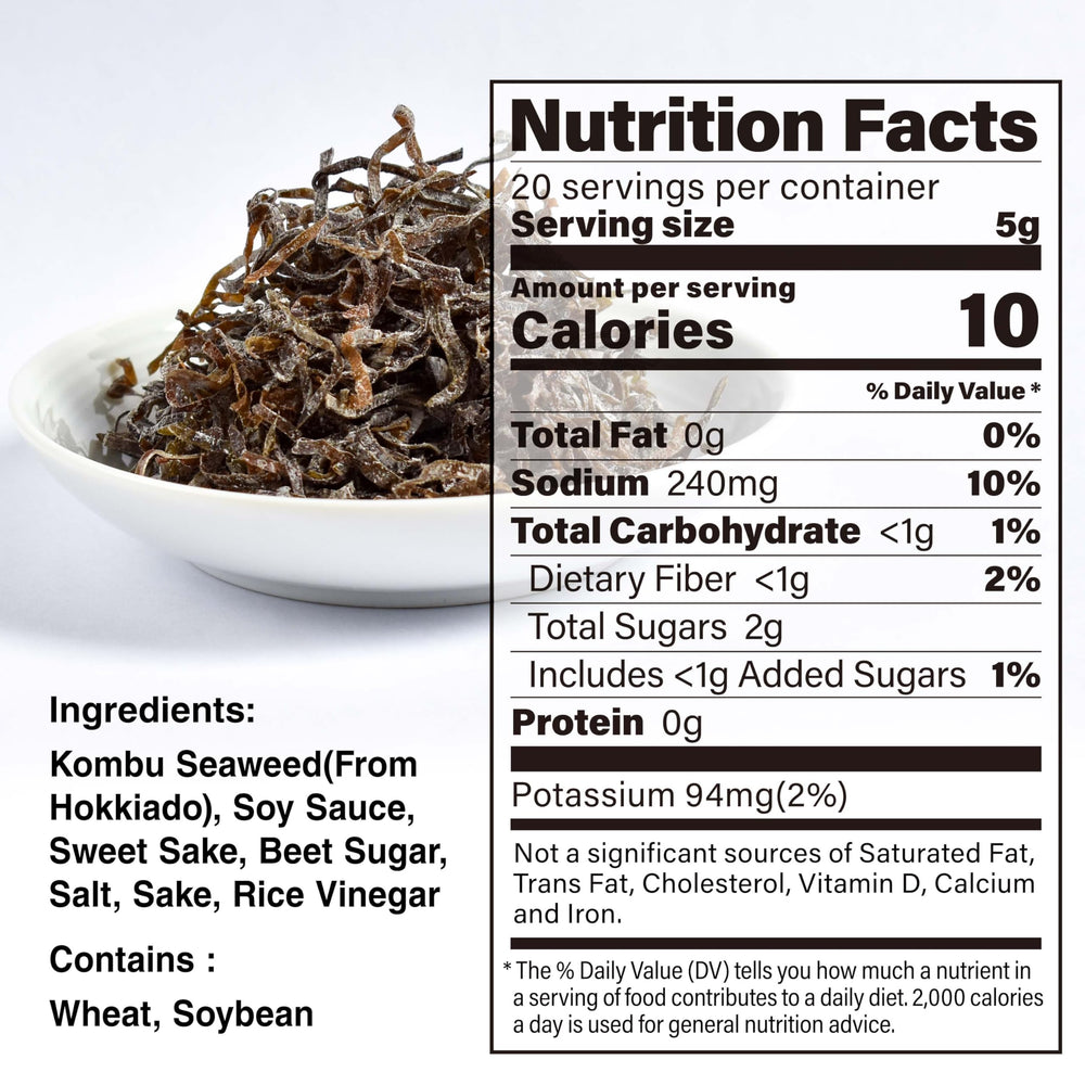 YAMASAN KYOTO UJI ingredients label close-up, informs about Hokkaido kombu and seasoning