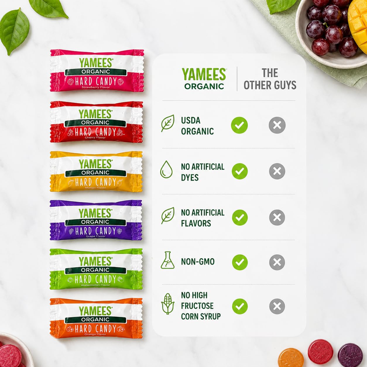 YAMEES close-up of candy surface texture showcasing bright fruit colors