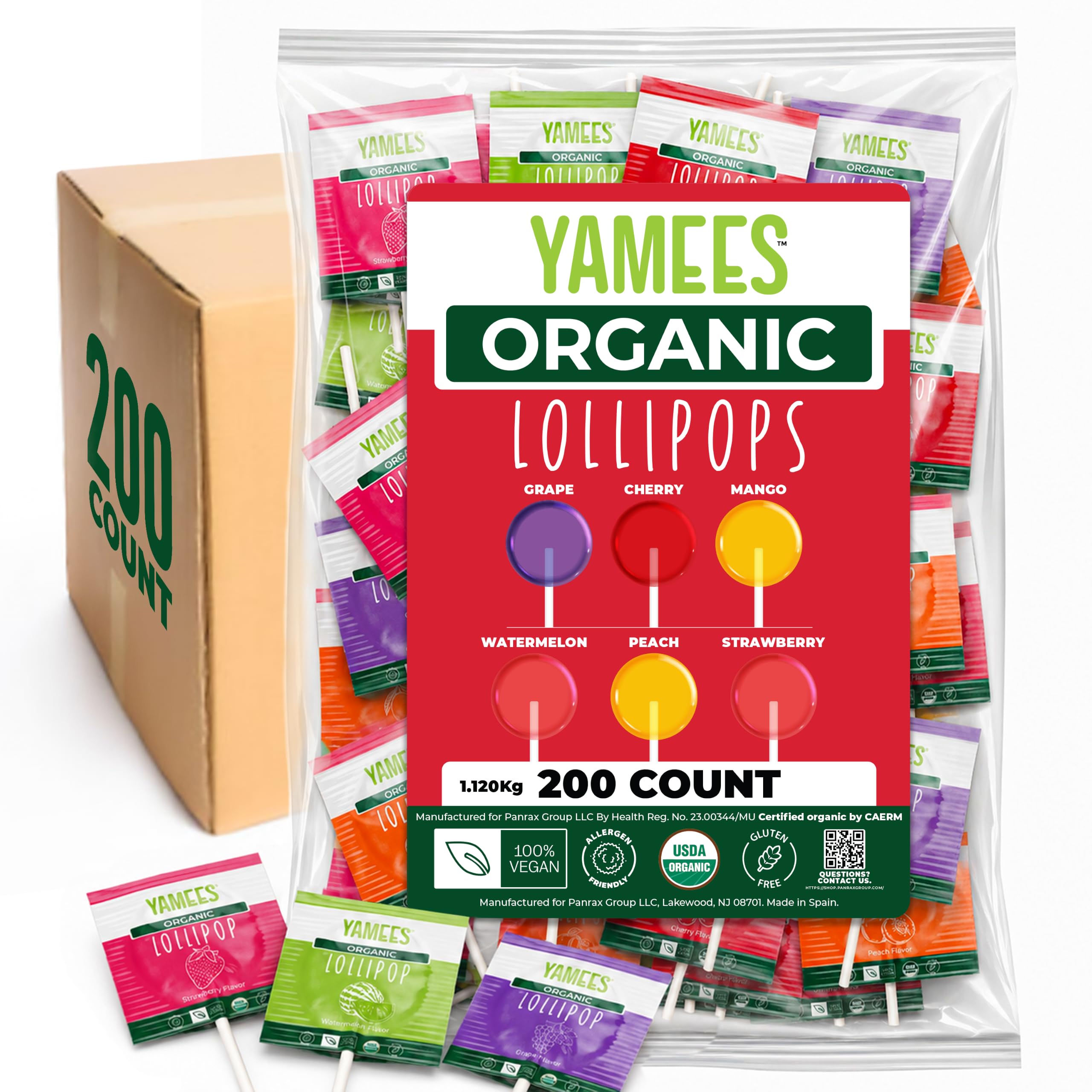 YAMEES front of box showing 200-count organic lollipops and clear labeling benefit convenience