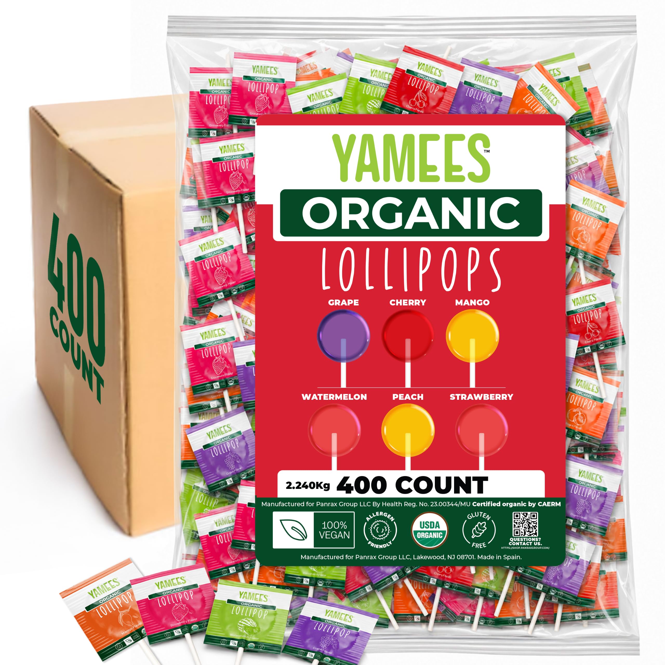 YAMEES front packaging showing bulk 400 count and organic badge, easy event supply