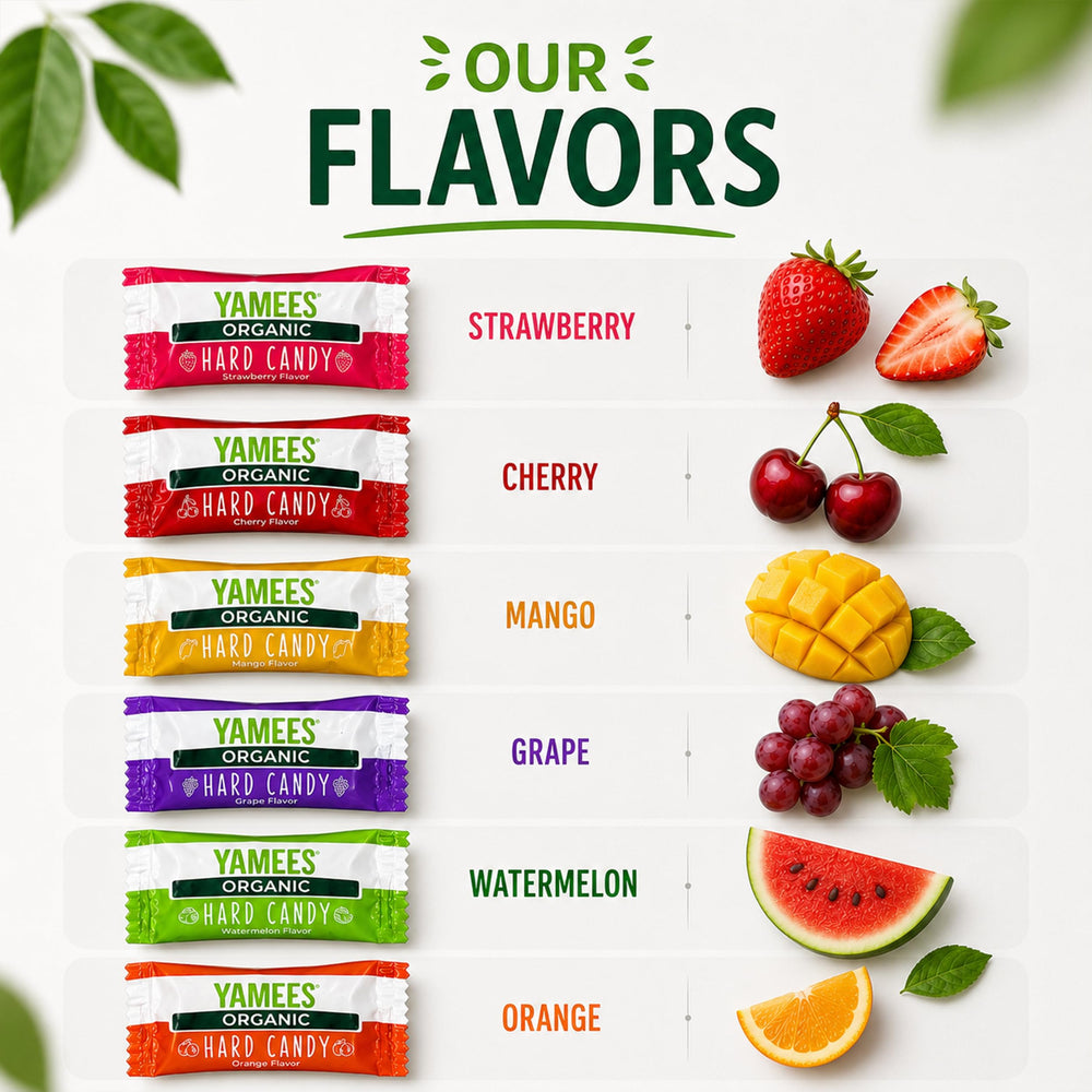 YAMEES open bag spilling mixed fruit hard candies for easy serving