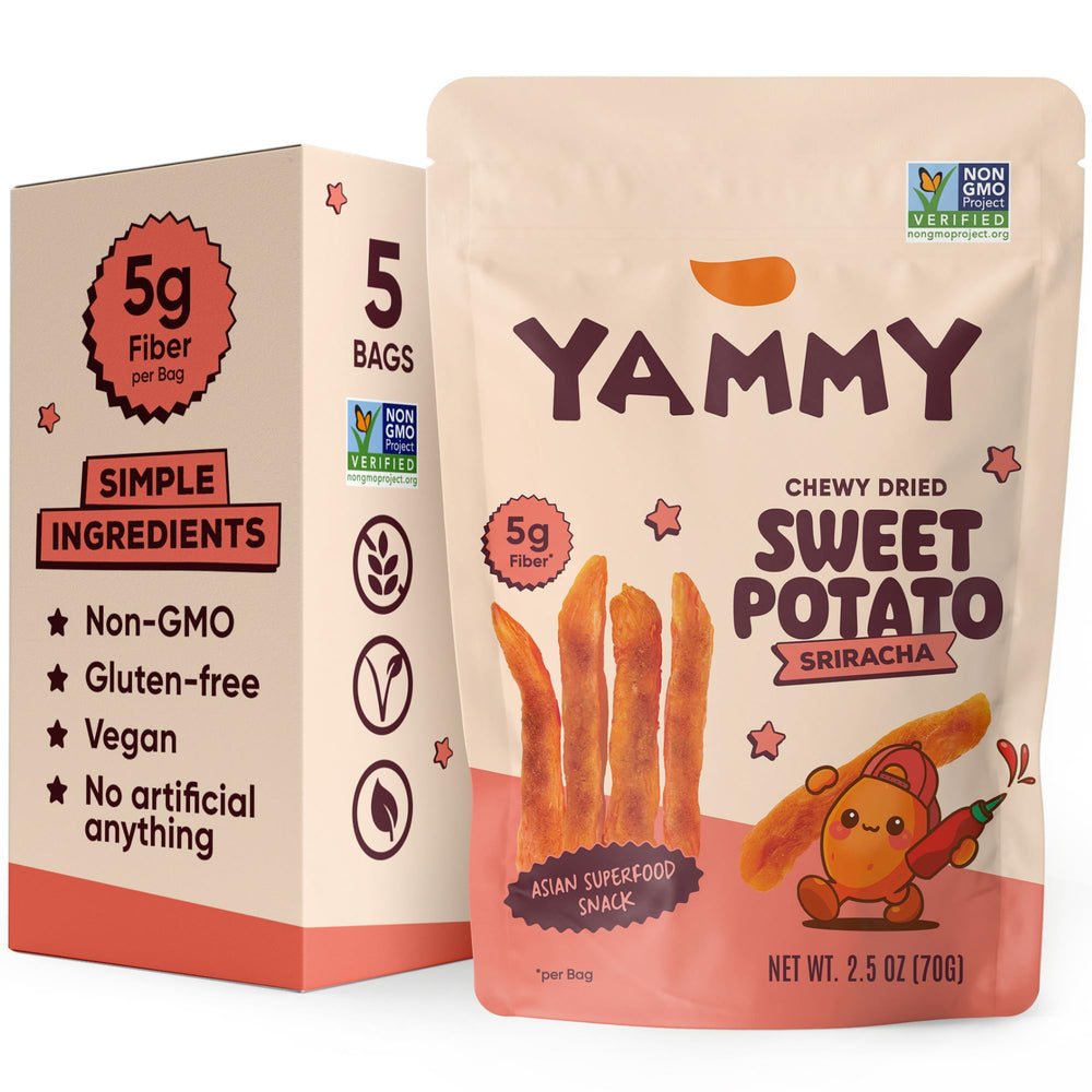 Yammy front packaging of sriracha 5-pack showing grab-and-go pouches and branding
