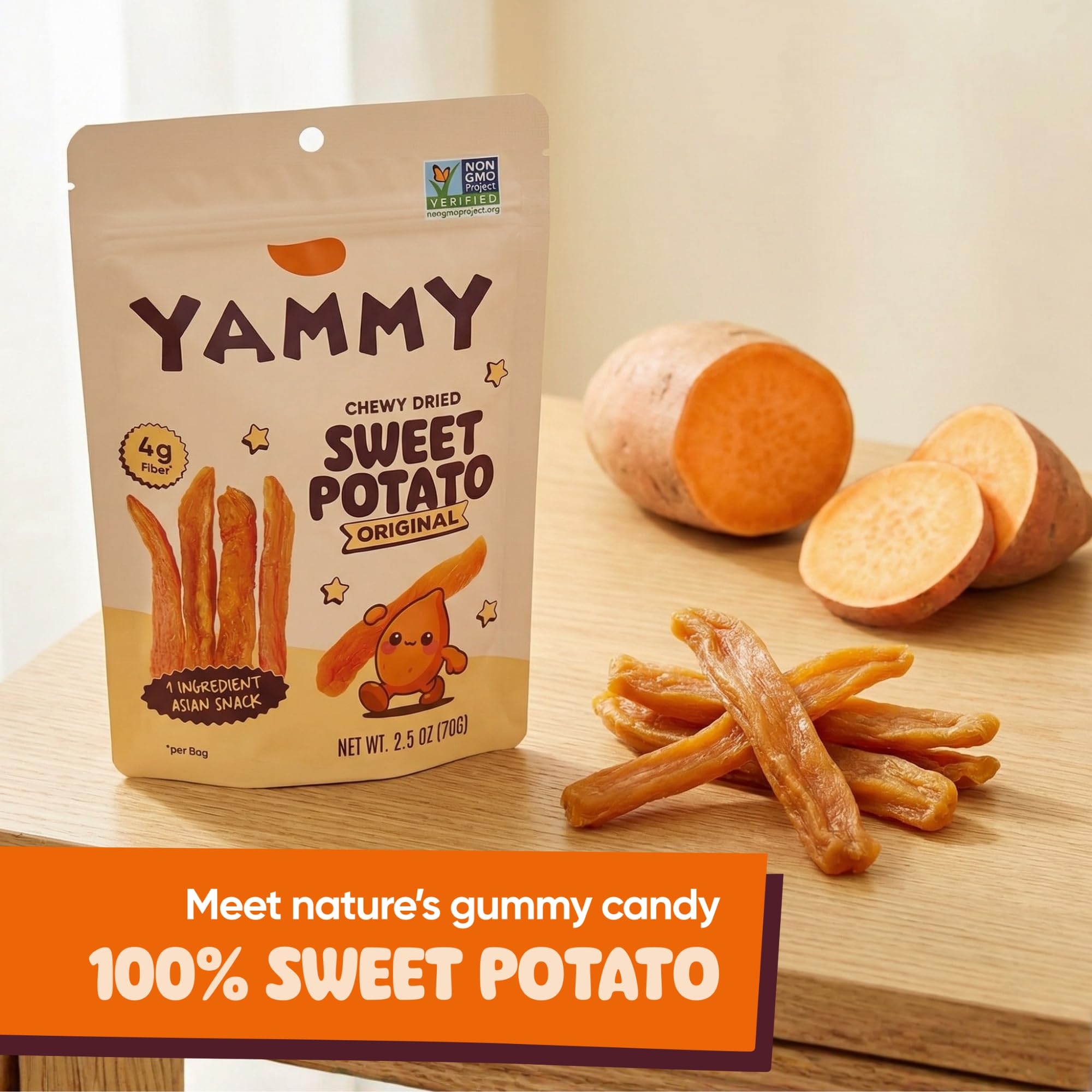 Yammy open pouch with chewy sweet potato sticks visible for easy portioning