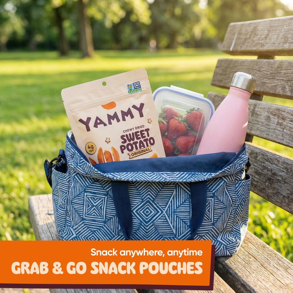 Yammy snack pouches on a hiking trail to show outdoor, on-the-go energy