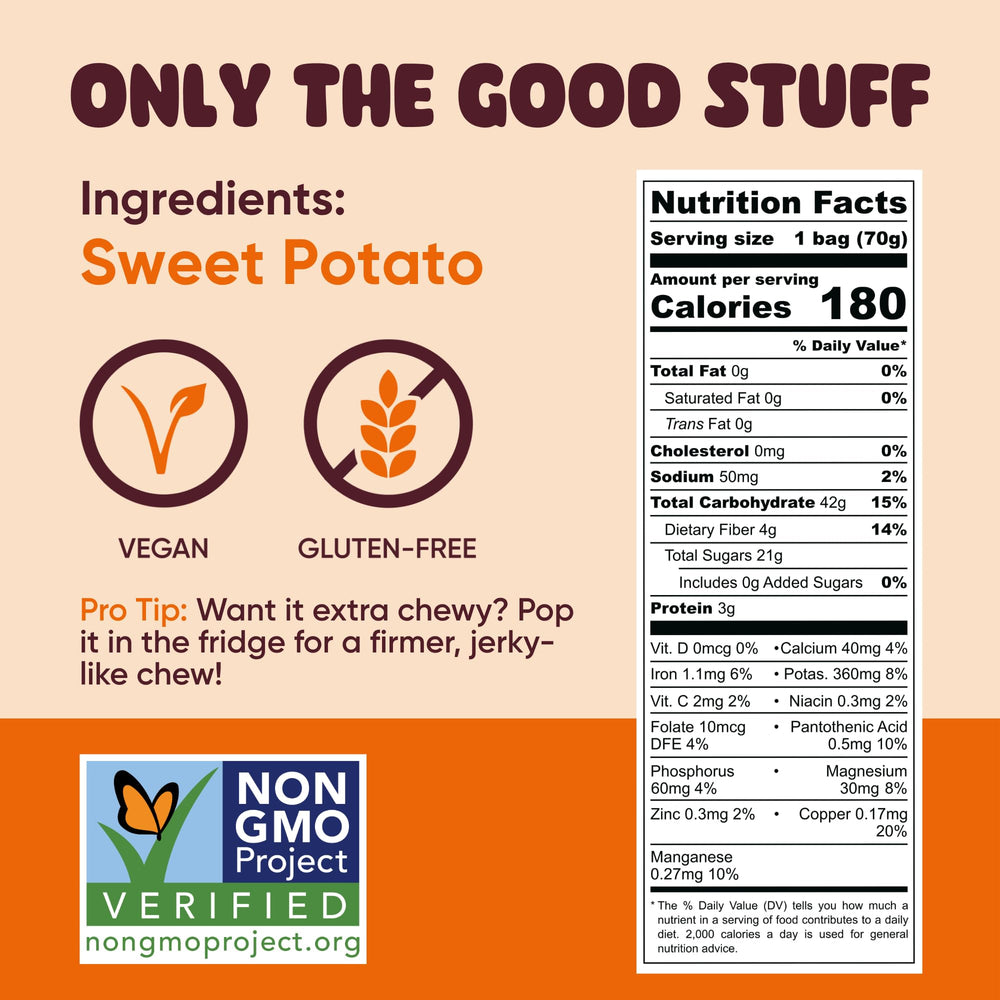 Yammy sweet potato stick next to ruler demonstrating pouch scale