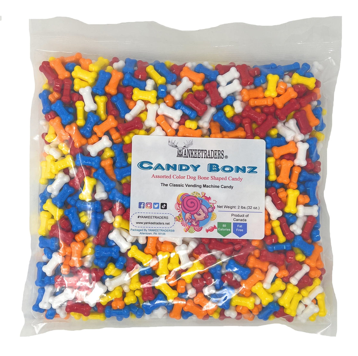 YANKEETRADERS Bonz front packaging showing bulk two-pound bag and branding benefit