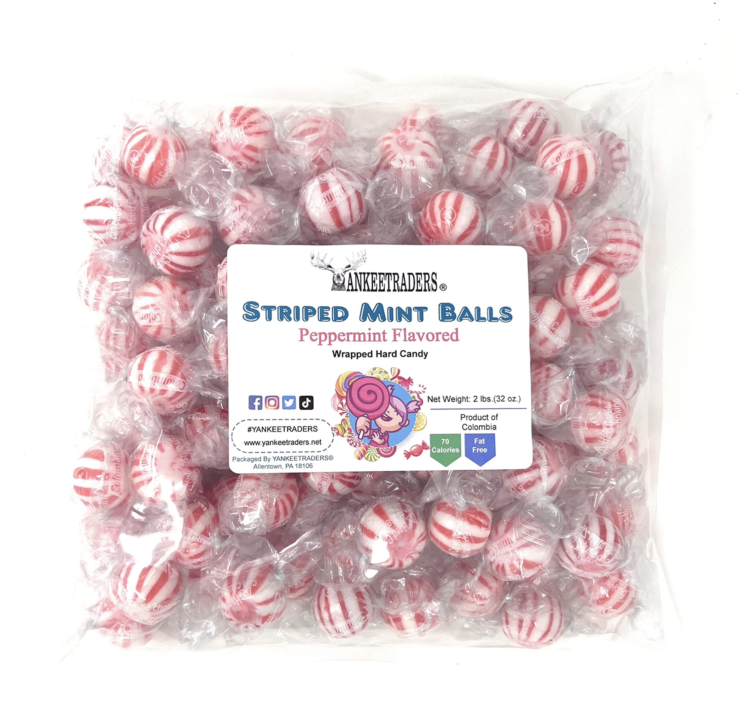 YANKEETRADERS front packaging of two-pound bag showing peppermint balls and branding for easy gifting
