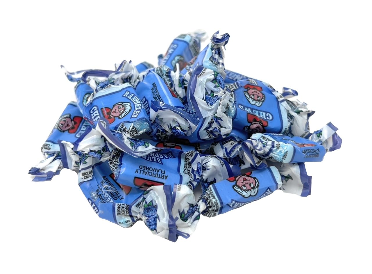 YANKEETRADERS close-up of a single blue raspberry chew highlighting soft texture and chewable appeal