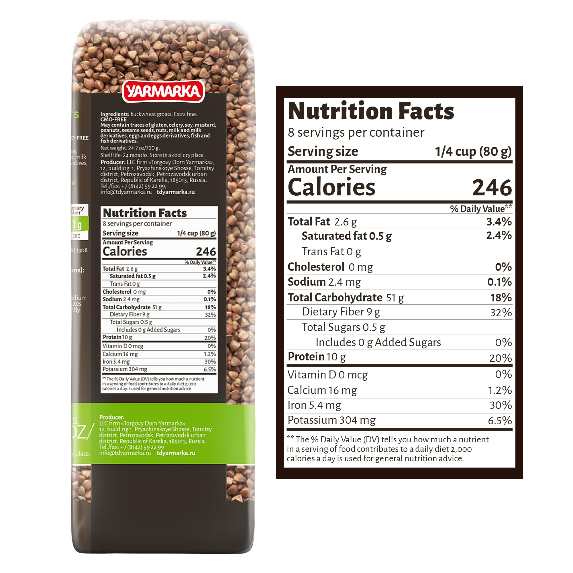 Yarmarka toasted buckwheat groats close-up texture highlighting nutty, toasted kernels