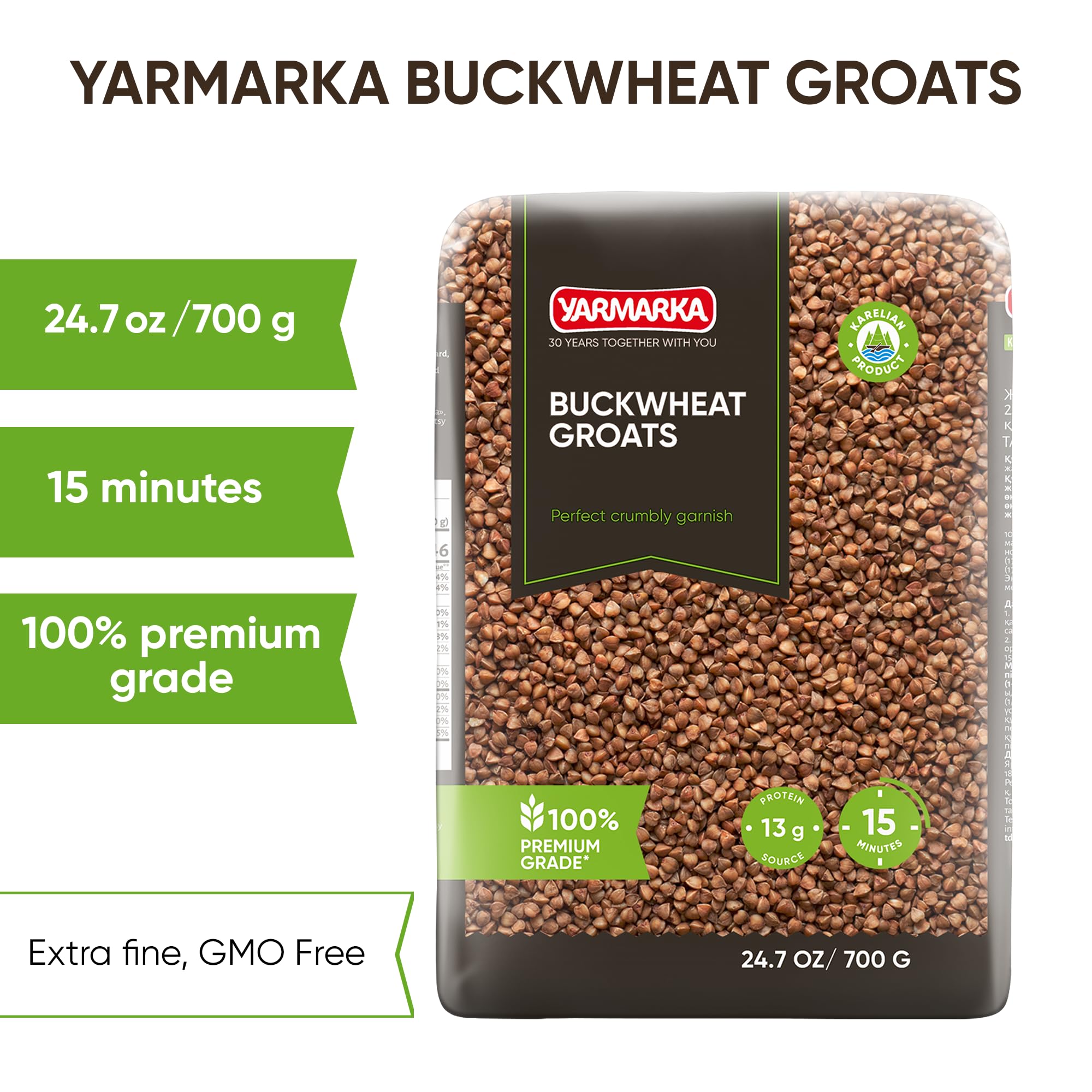 Yarmarka close-up of roasted buckwheat groats highlighting grain texture and color