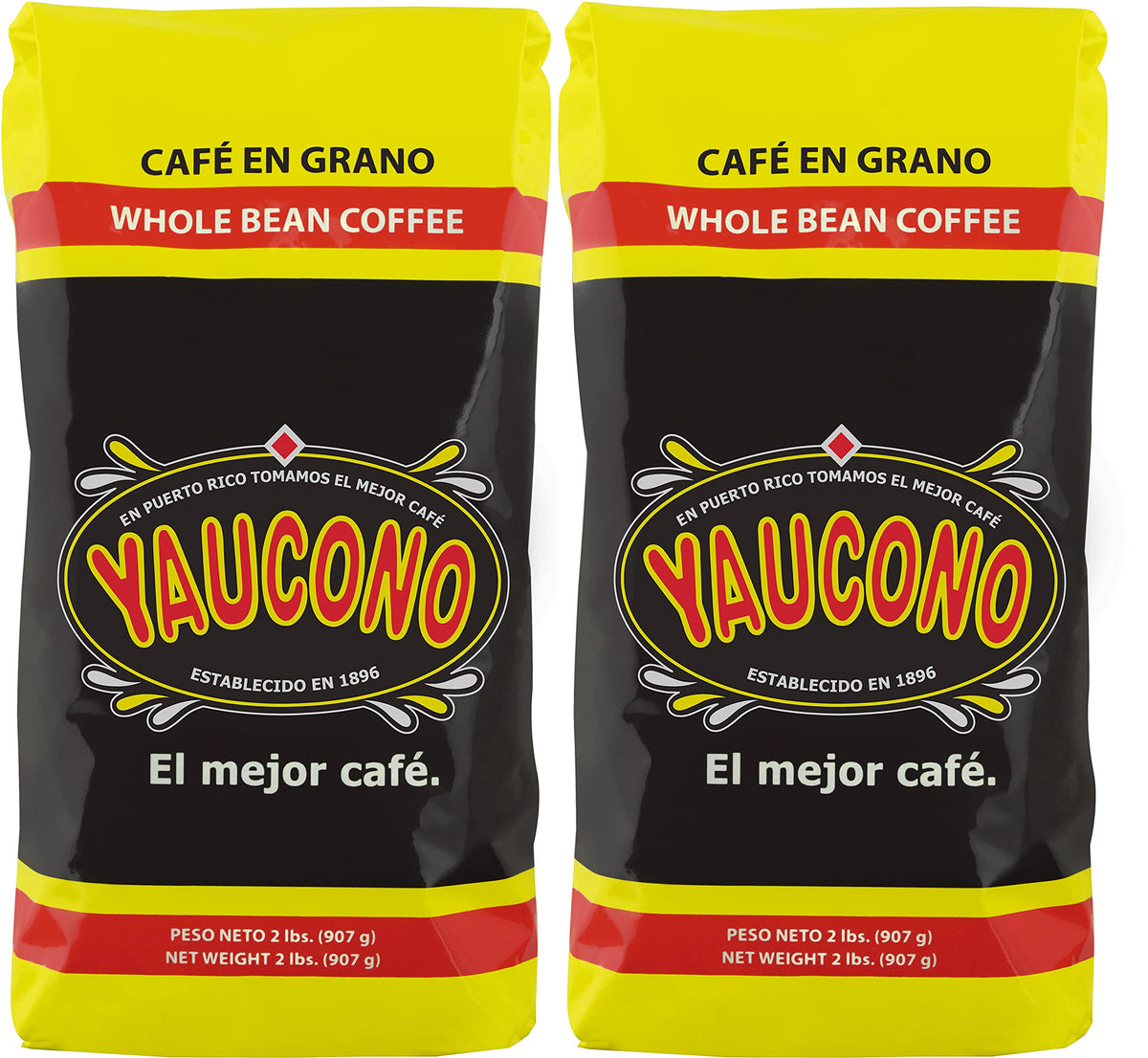 Yaucono front packaging showing two 2 lb bags and clear brand identity