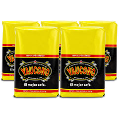 Yaucono front packaging showing five 8oz bags and clear branding for convenience