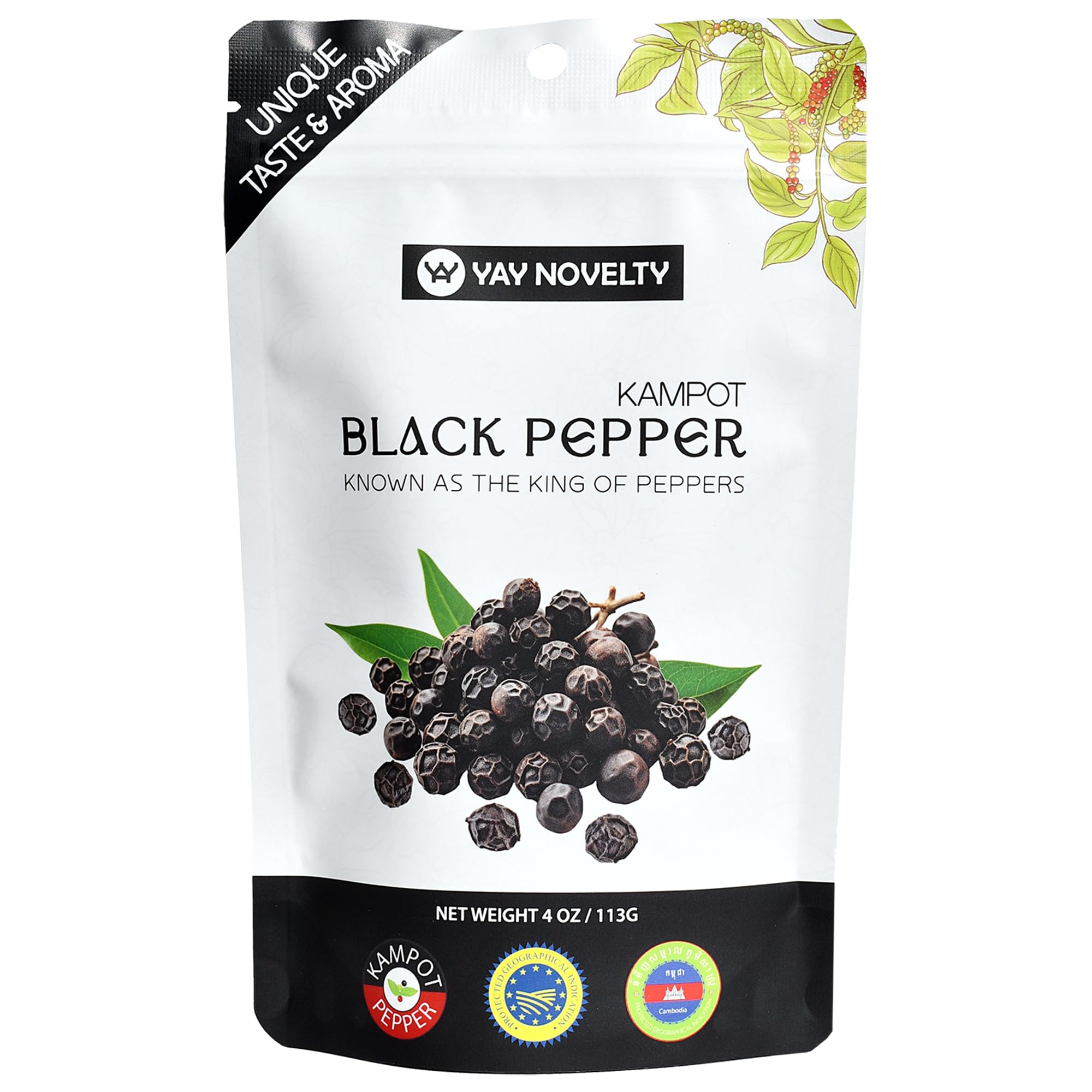 YAY NOVELTY front packaging displaying certified Kampot pepper freshness