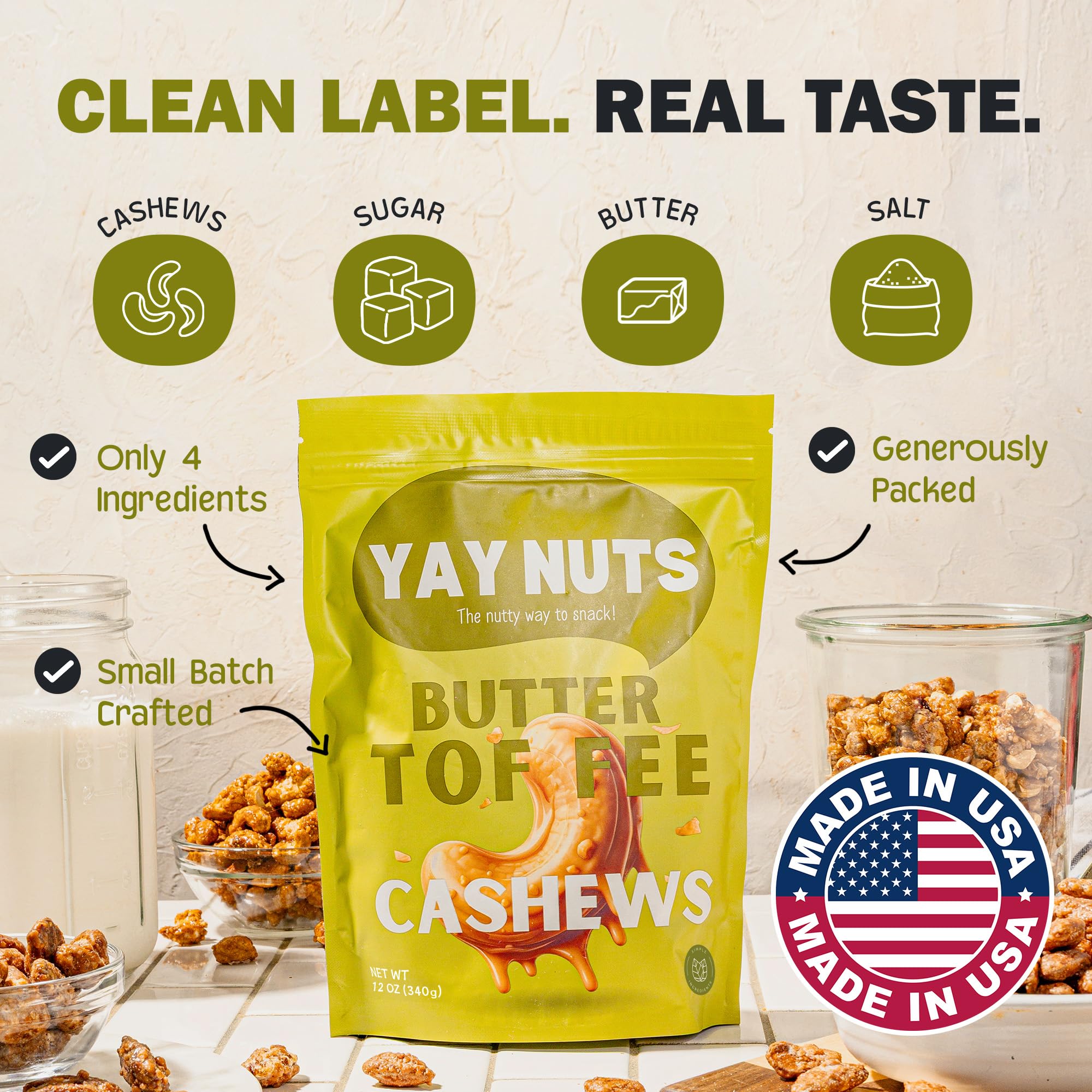 YAY NUTS butter toffee cashews in a serving bowl for easy entertaining