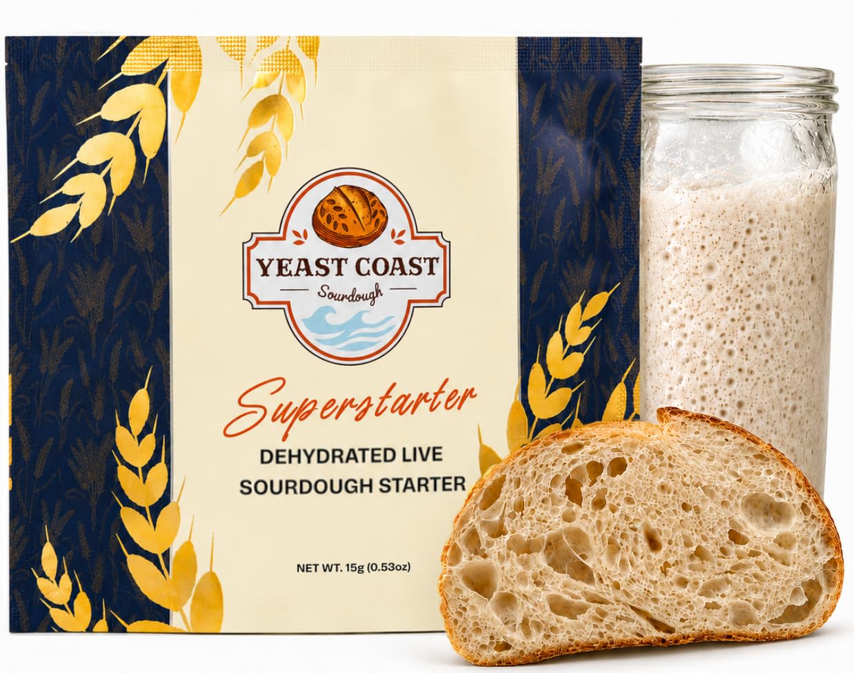 Yeast Coast Sourdough front packet showing brand and quick-start benefit
