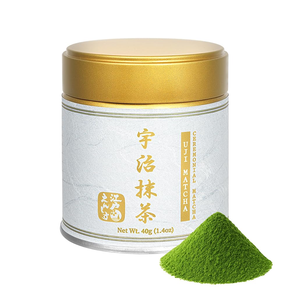 YEDOENSIS tin front view showing packaging and vibrant green matcha for easy storage