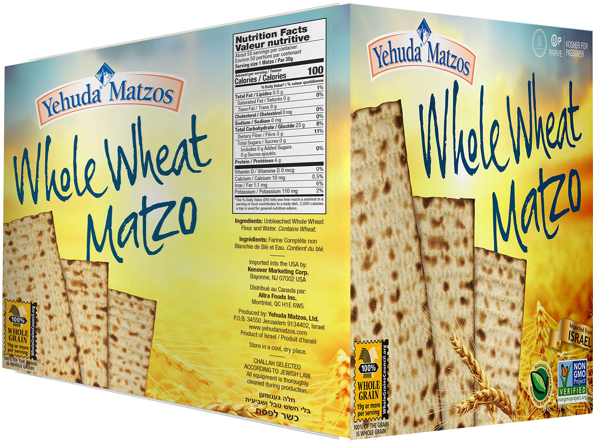 Yehuda whole wheat matzo front packaging showing five-pack and nutritional details for convenience