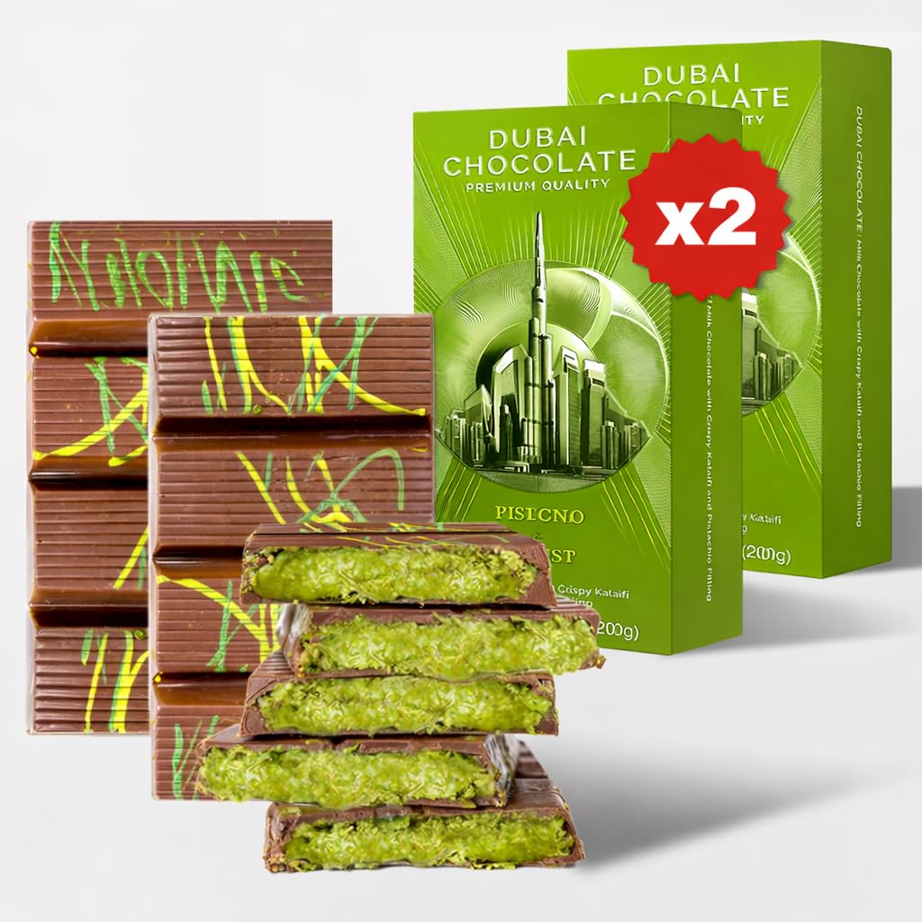 Yelgna & Moust front packaging showing two Dubai pistachio chocolate bars, elegant gift appeal